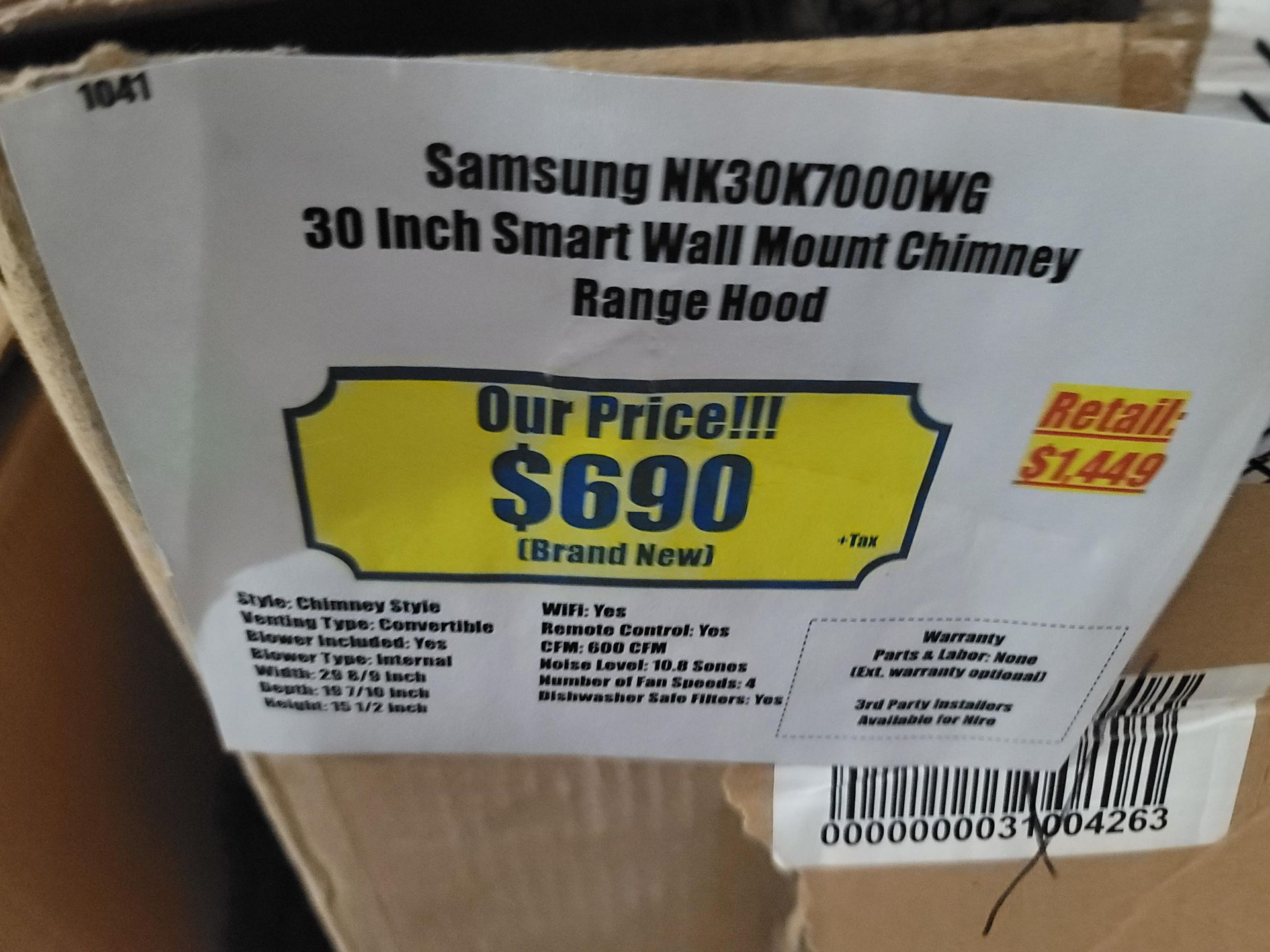 SAMSUNG 30" SMART WALL MOUNT CHIMNEY RANGE HOOD, MODEL NK30K7000WG, IN ORIGINAL CARTON - Image 2 of 2
