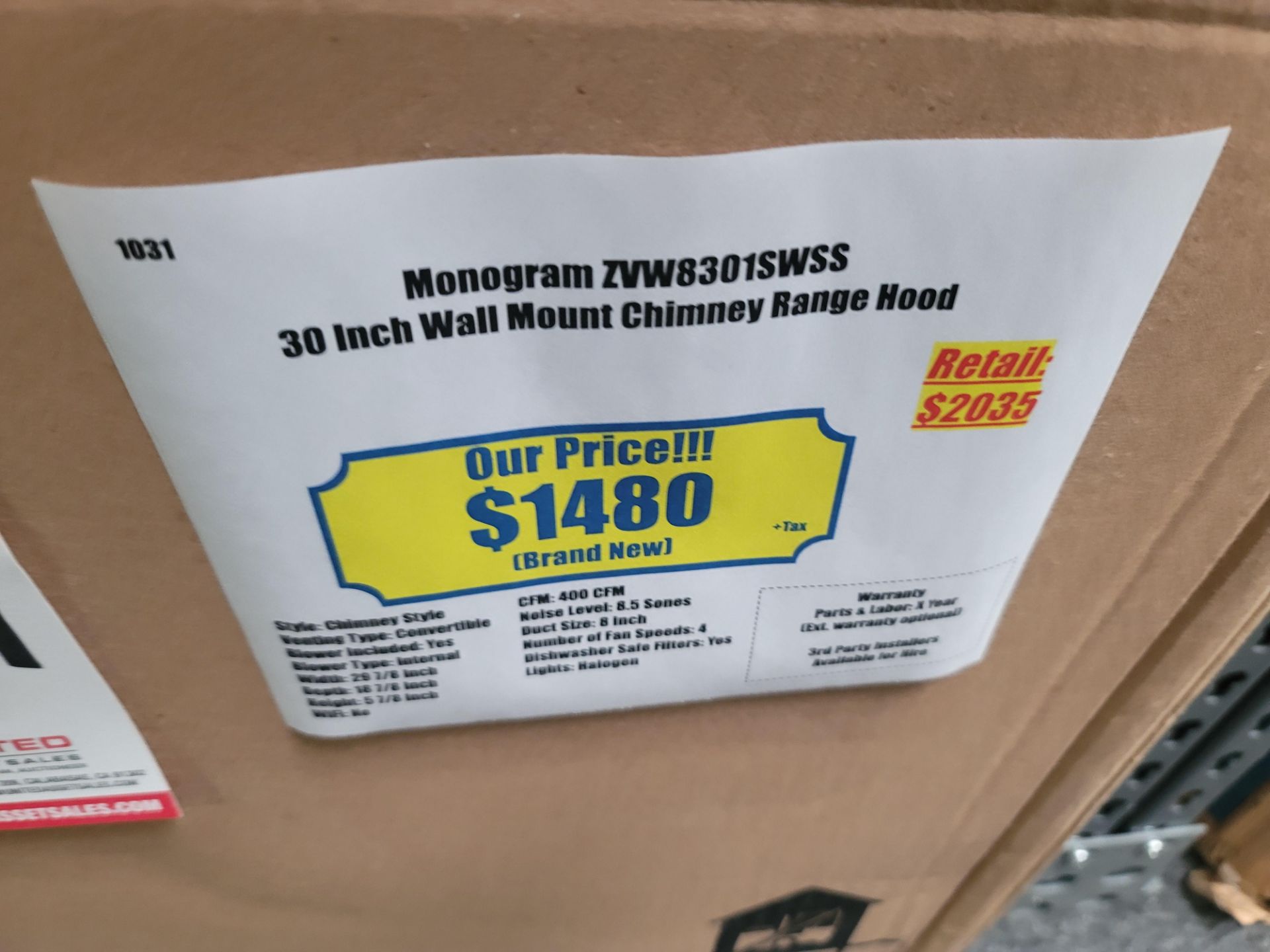 MONOGRAM 30" WALL MOUNT CHIMNEY RANGE HOOD, MODEL ZVW8301SWSS, IN ORIGINAL CARTON - Image 2 of 2