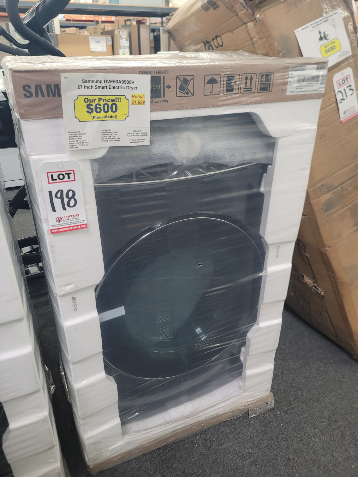 SAMSUNG 27" SMART ELECTRIC DRYER IN BLACK, 7.5 CU. FT. CAPACITY, MODEL DVE60A9900V, IN FACTORY