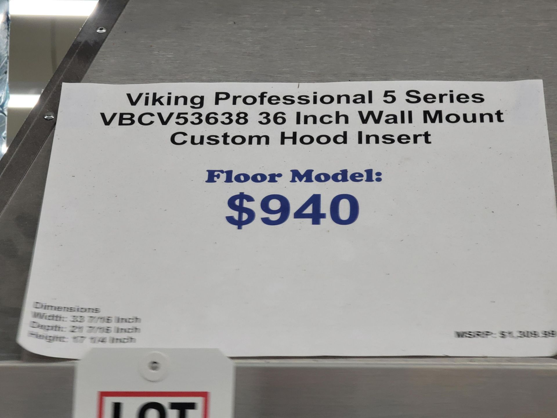 VIKING PROFESSIONAL 5 SERIES 36" WALL MOUNT CUSTOM HOOD INSERT, MODEL VBCV53638 - Image 2 of 2