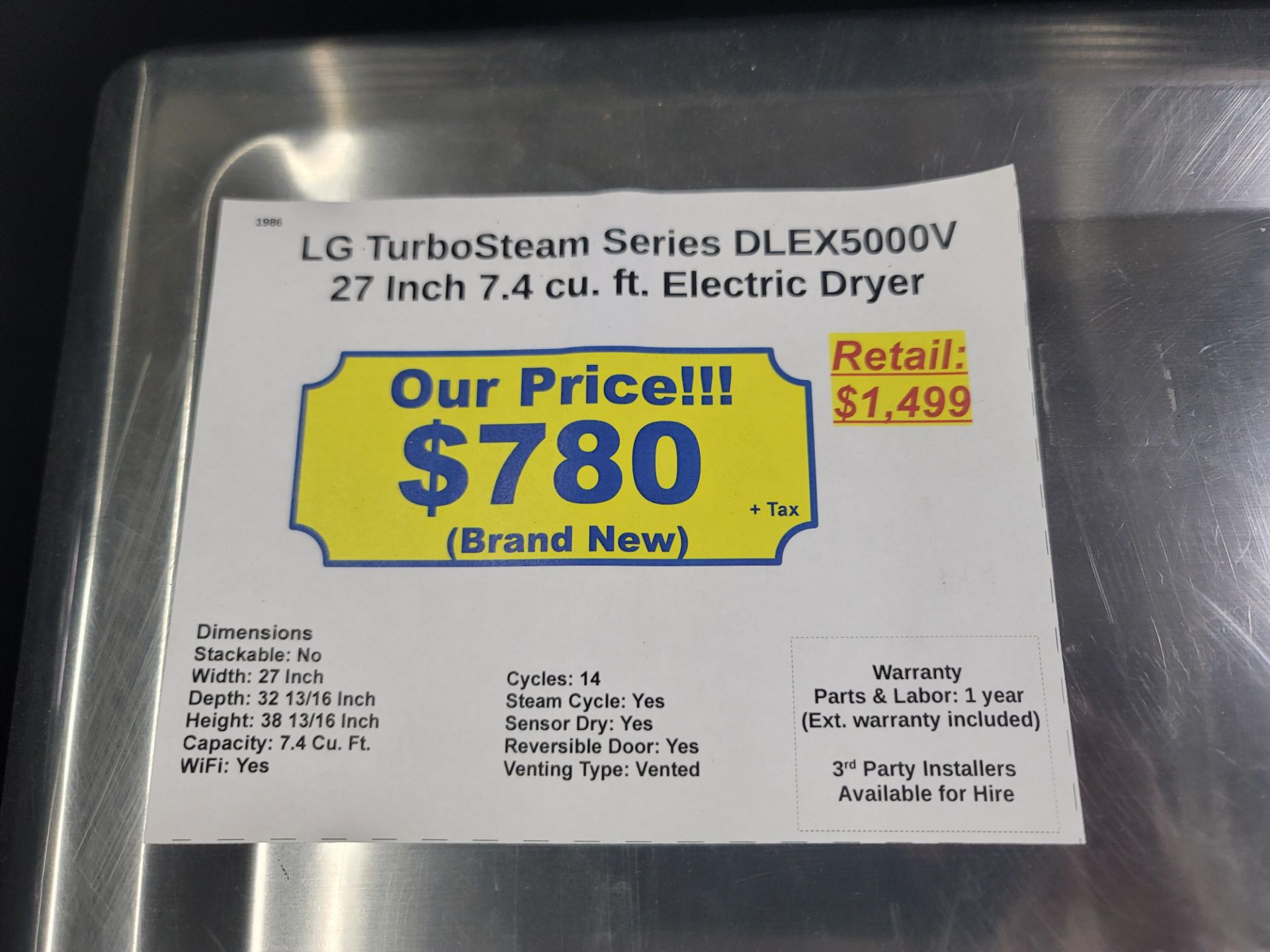 LG TURBOSTEAM SERIES 27" ELECTRIC DRYER IN GRAPHITE STEEL, 7.4 CU. FT. CAPACITY, MODEL DLEX5000V - Image 3 of 3