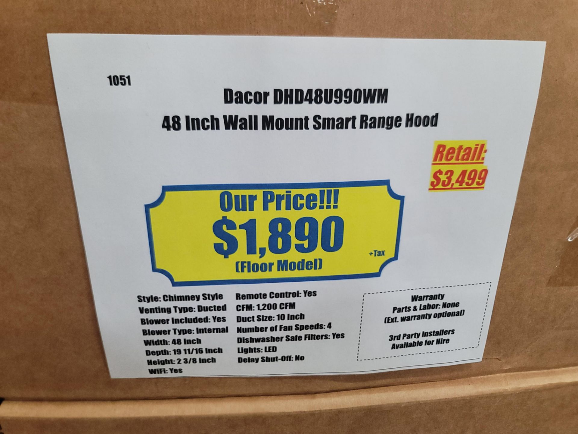 DACOR 48" WALL MOUNT SMART RANGE HOOD, MODEL DHD48U990WM - Image 2 of 2