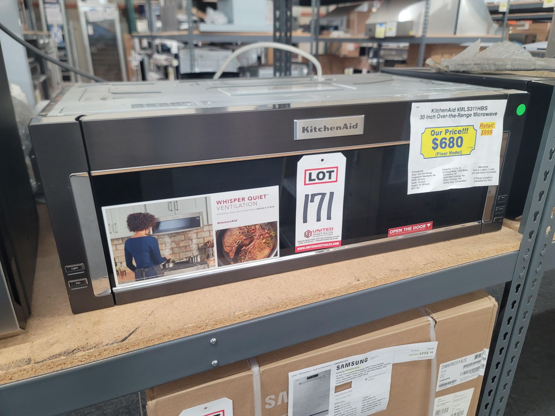 KITCHENAID 30" OVER-THE-RANGE MICROWAVE OVEN IN BLACK, 1.1 CU. FT. CAPACITY, MODEL KMLS311HBS