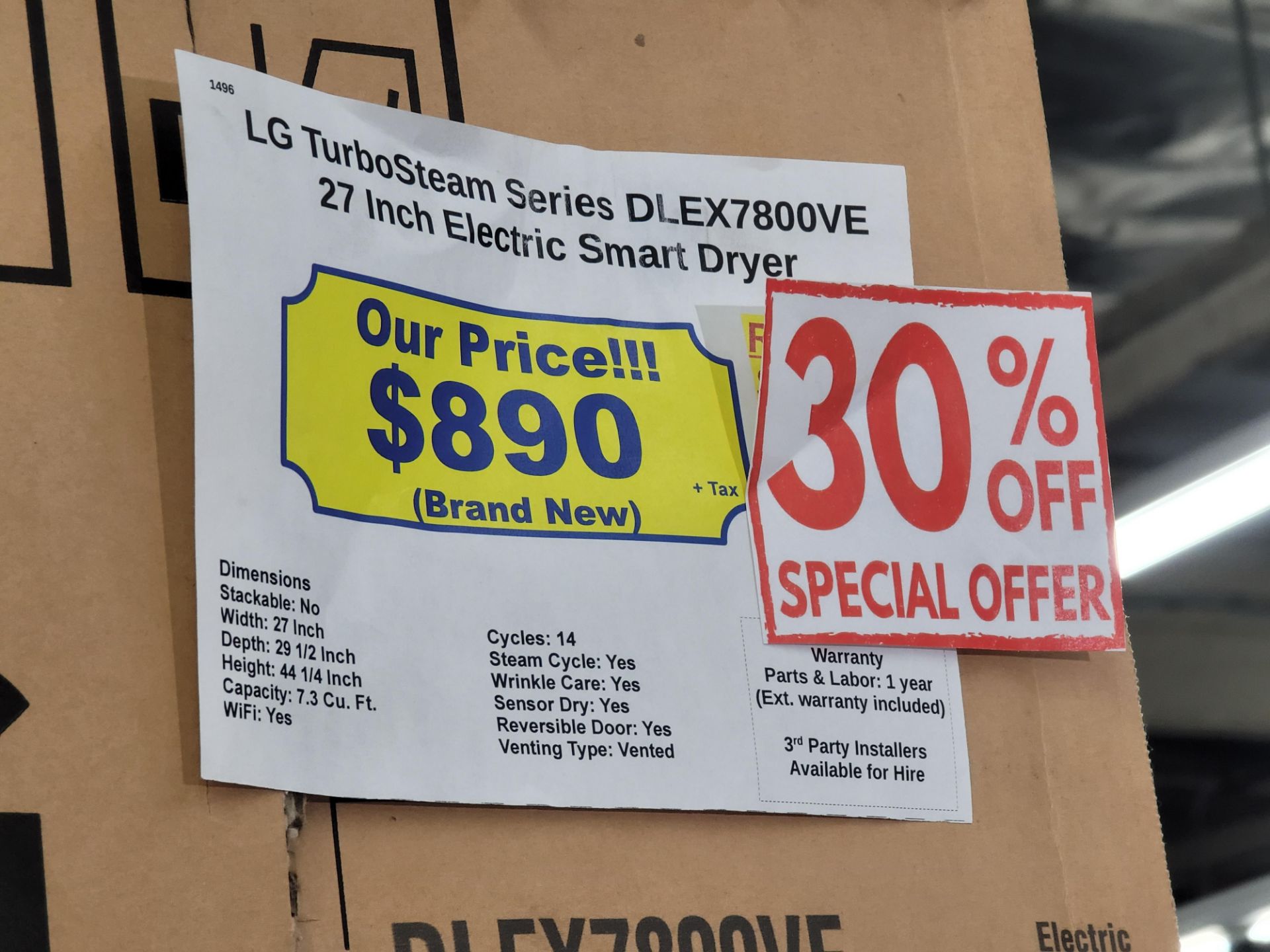 LG TURBOSTEAM SERIES 27" ELECTRIC DRYER IN BLACK, 7.3 CU. FT. CAPACITY, MODEL DLEX7800VE, IN - Image 3 of 3