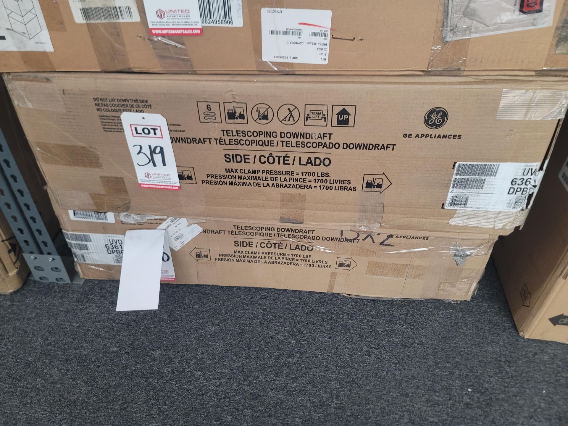 GE 36" TELESCOPIC DOWNDRAFT RANGE HOOD, MODEL UVD6361DPBB, IN ORIGINAL CARTON