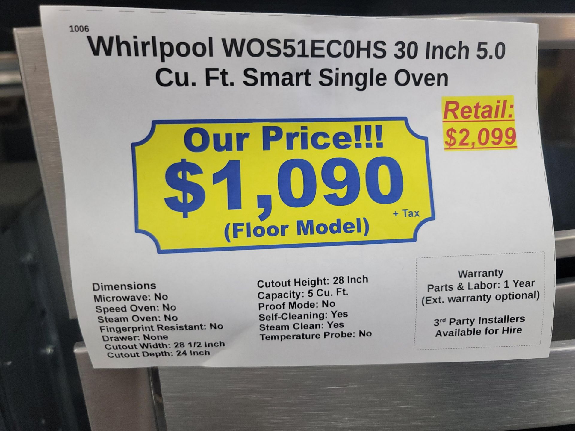 WHIRLPOOL 30" SINGLE ELECTRIC SMART OVEN W/ 5.0 CU. FT. CAPACITY IN STAINLESS STEEL, MODEL - Image 4 of 4