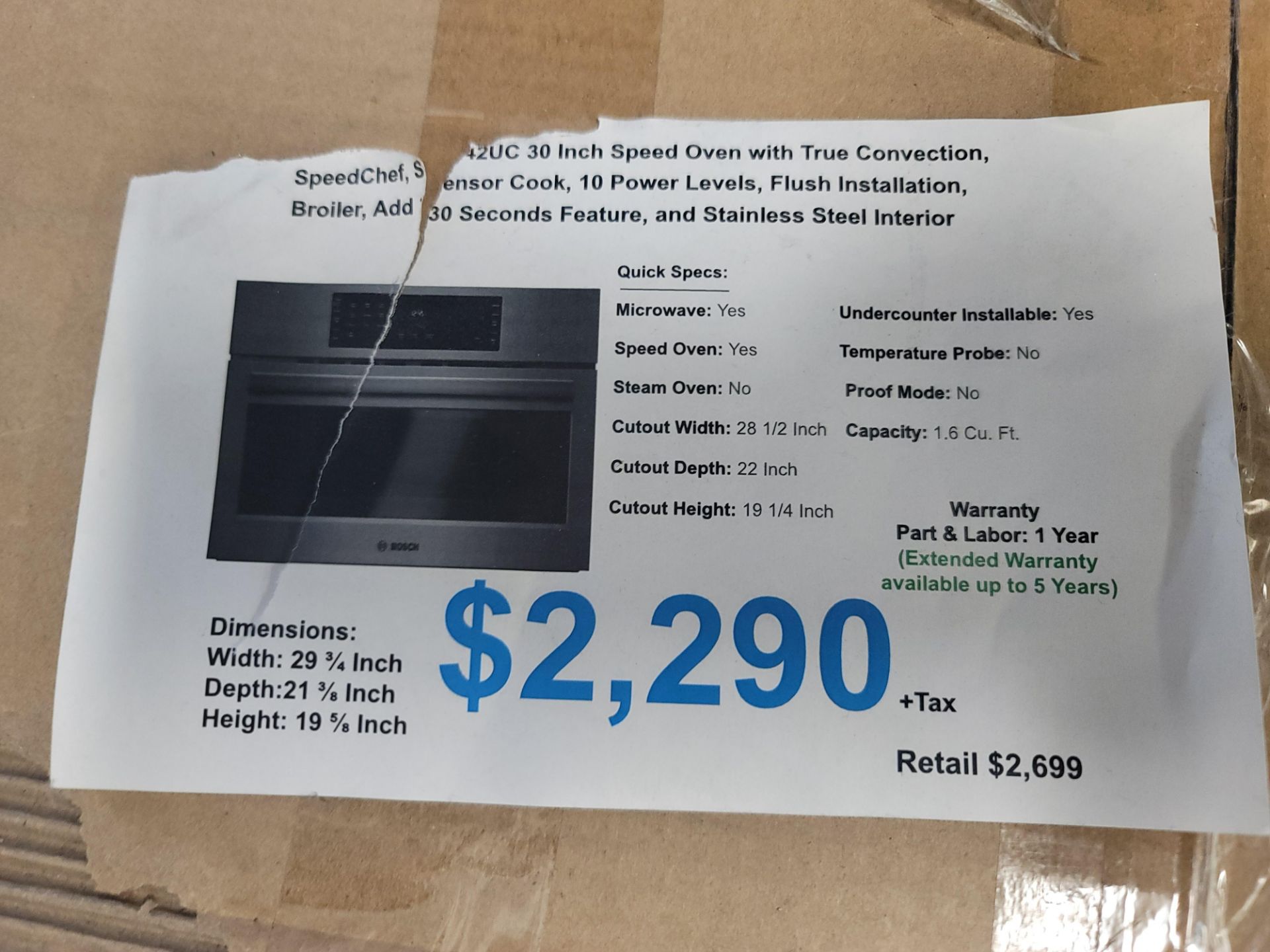 BOSCH 30" CONVECTION MICROWAVE OVEN W/ 1.6 CU. FT. CAPACITY IN STAINLESS STEEL, MODEL HMC80242UC - Image 3 of 3