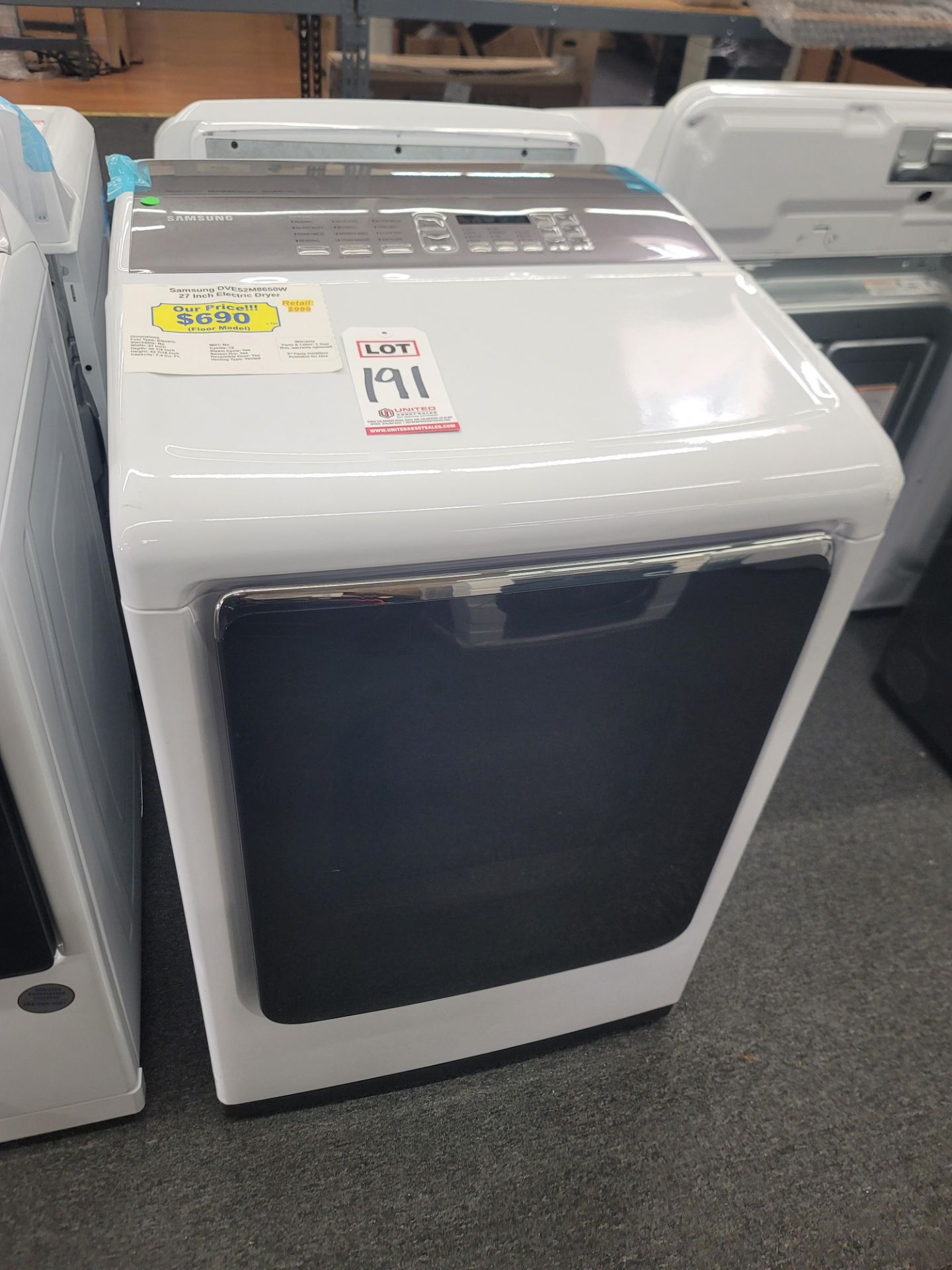 SAMSUNG 27" ELECTRIC DRYER IN WHITE, 7.4 CU. FT. CAPACITY, MODEL DVE52M8650W