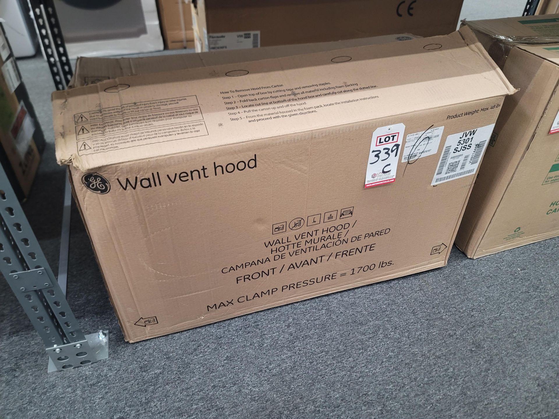 GE 30" WALL MOUNT PYRAMID CHIMNEY HOOD, MODEL JVW5301SJSS, IN ORIGINAL CARTON