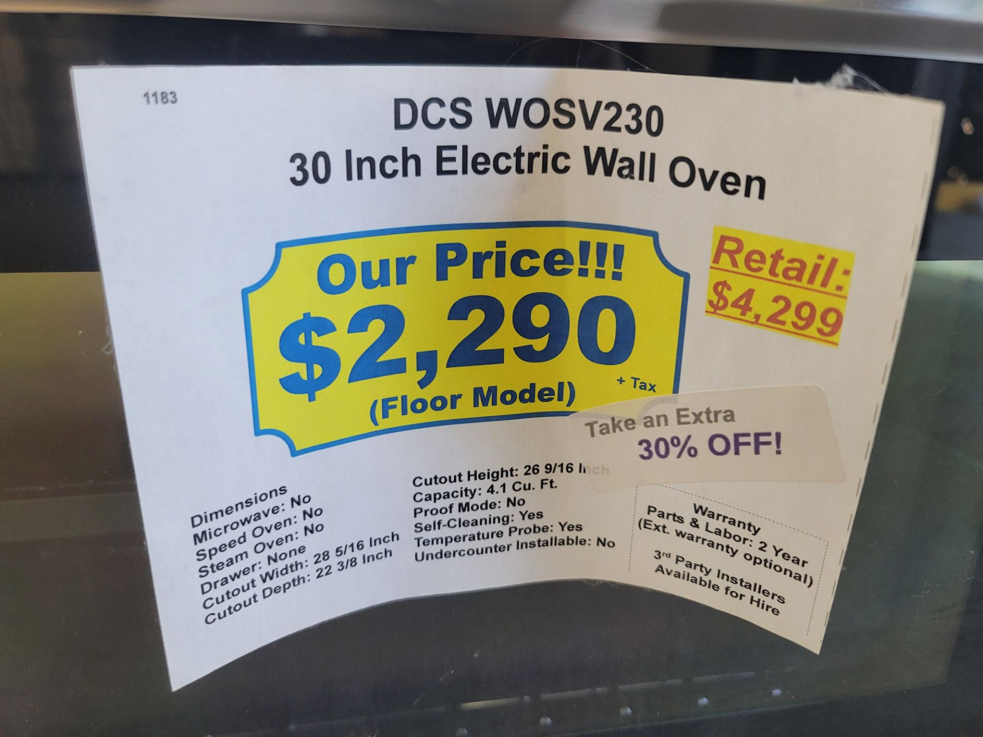 DCS 30" ELECTRIC WALL OVEN W/ 4.1 CU. FT. CAPACITY IN STAINLESS STEEL, MODEL WOSV230 - Image 4 of 4
