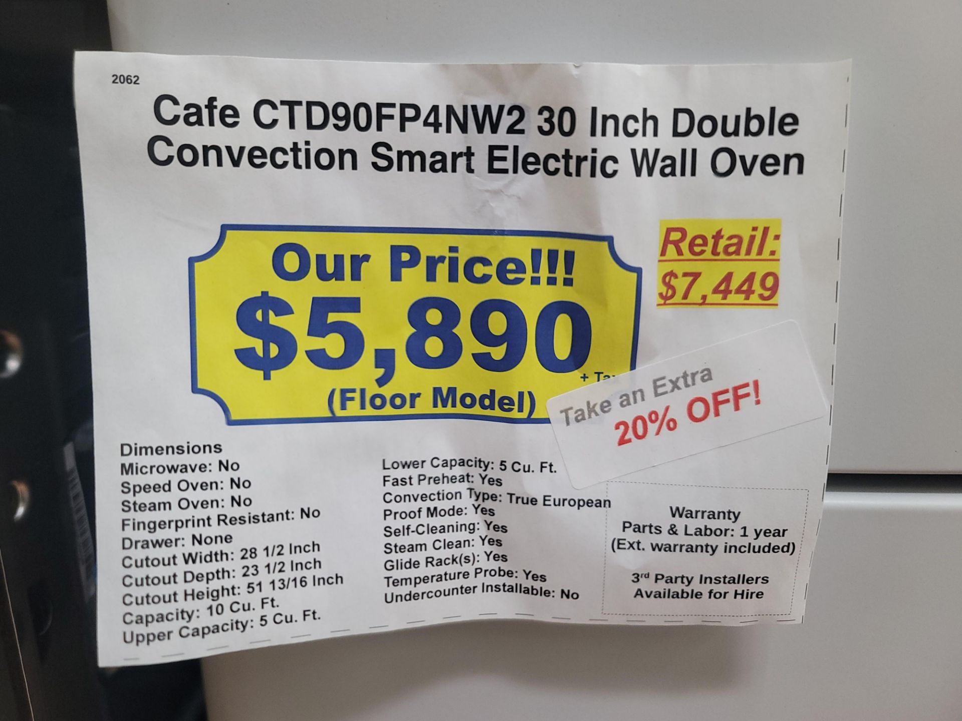 CAFE 30" DOUBLE CONVECTION SMART ELECTRIC WALL OVEN IN WHITE W/ BRONZE HANDLES, CAPACITY: UPPER 5. - Image 4 of 4