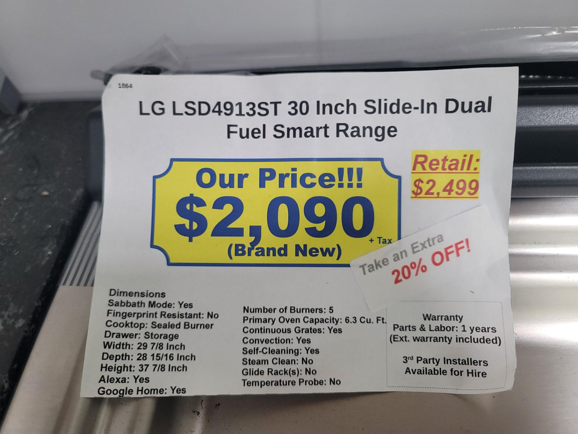 LG 30" SLIDE-IN DUAL FUEL SMART RANGE W/ (5) GAS BURNERS AND 6.3 CU. FT. CAPACITY ELECTRIC OVEN IN - Image 5 of 5