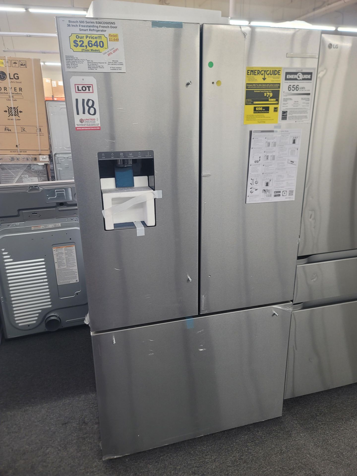 BOSCH 500 SERIES 36" SMART FREESTANDING FRENCH DOOR 15.2 CU. FT. REFRIGERATOR / 6.4 CU. FT.
