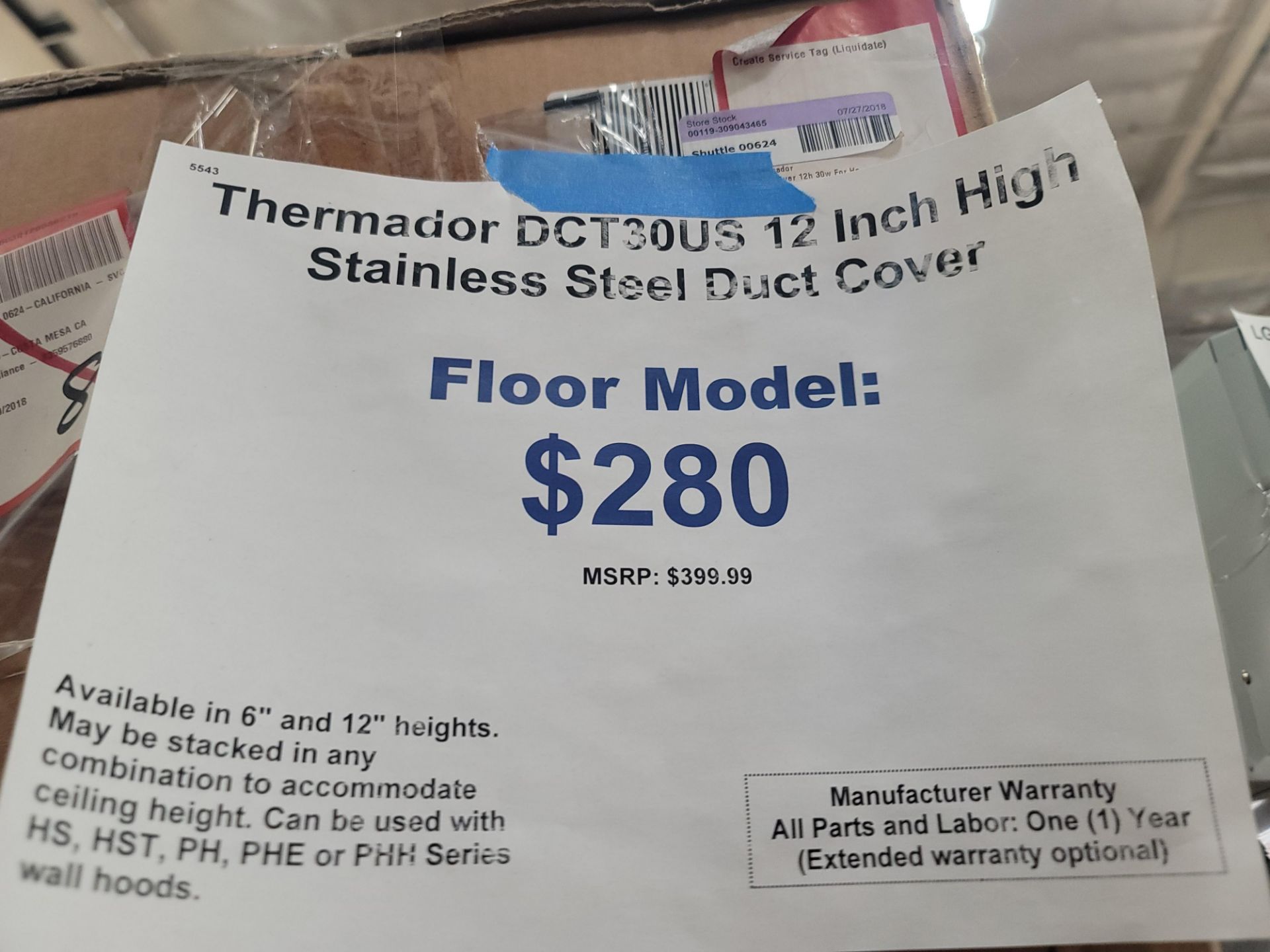 THERMADOR 12" HIGH STAINLESS STEEL DUCT COVER, MODEL DCT30US - Image 2 of 2