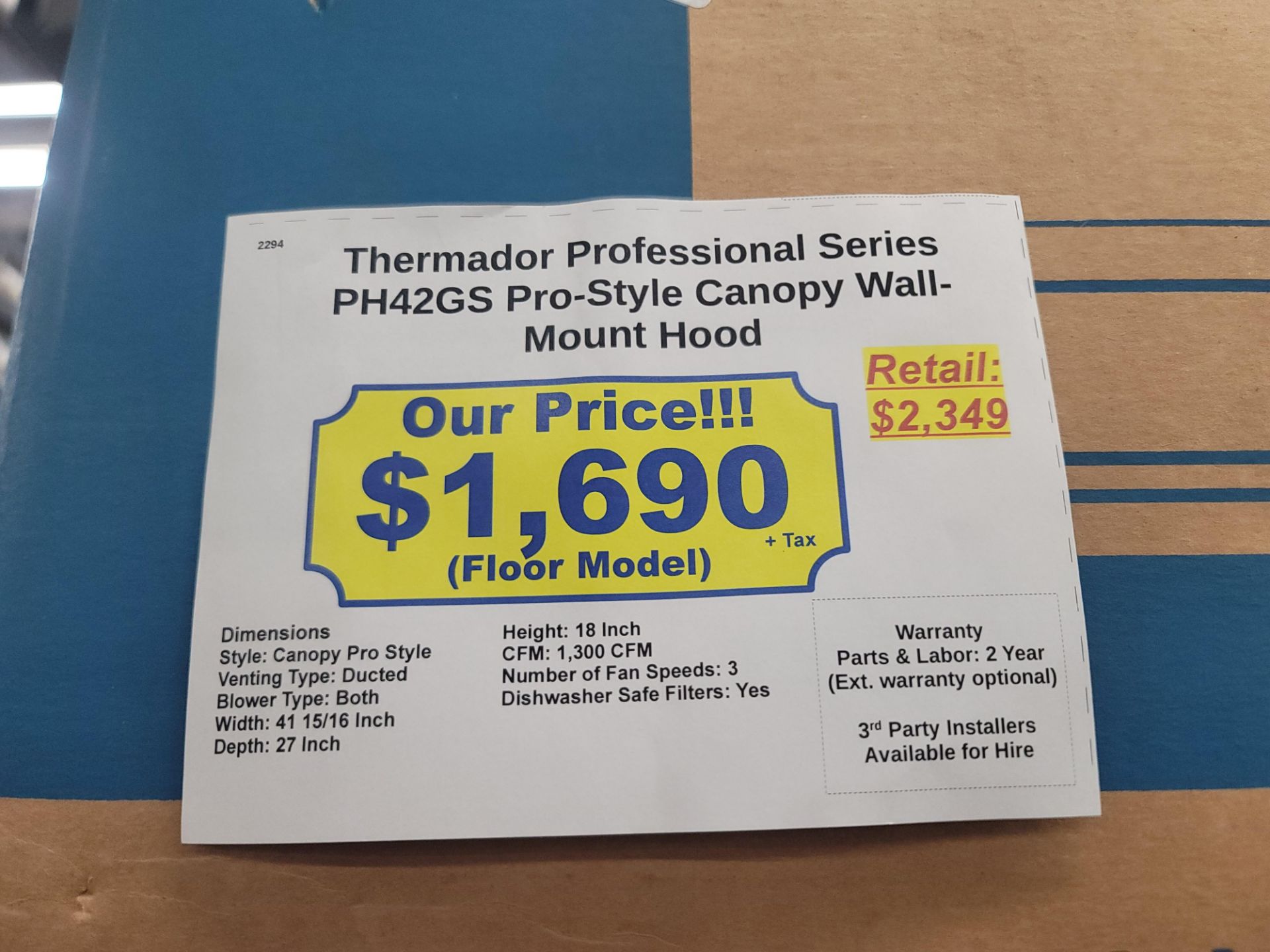 THERMADOR PROFESSIONAL 42" SERIES PRO-STYLE CANOPY WALL MOUNT HOOD, MODEL PH42GS, IN ORIGINAL BOX - Image 2 of 2