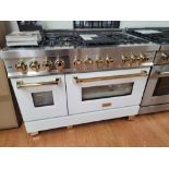 ZLINE AUTOGRAPH EDITION 48" FREESTANDING DUAL FUEL RANGE IN WHITE MATTE & BRASS, W/ (7) BURNERS,