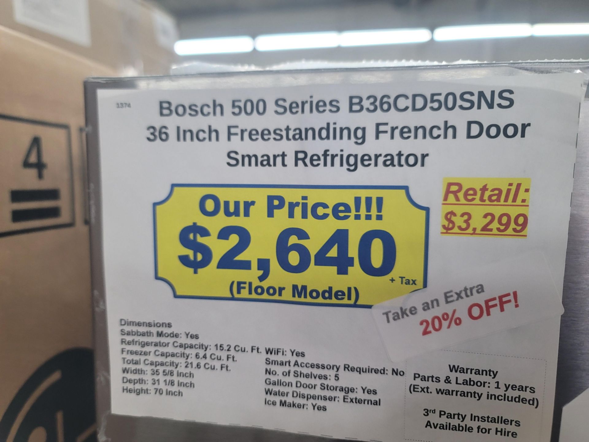 BOSCH 500 SERIES 36" SMART FREESTANDING FRENCH DOOR 15.2 CU. FT. REFRIGERATOR / 6.4 CU. FT. - Image 4 of 4