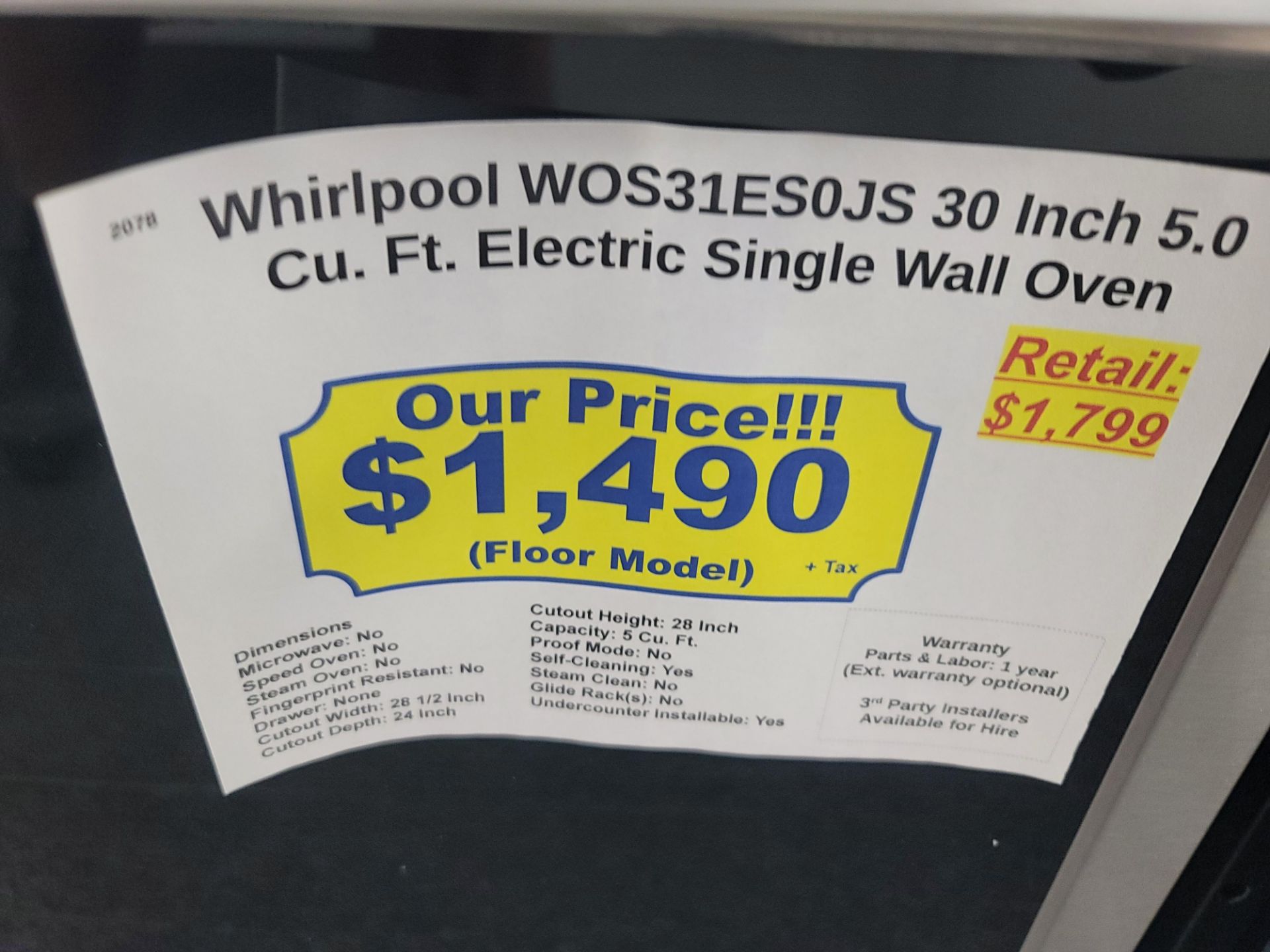 WHIRLPOOL 30" SINGLE ELECTRIC WALL OVEN W/ 5.0 CU. FT. CAPACITY IN STAINLESS STEEL, MODEL - Image 4 of 4