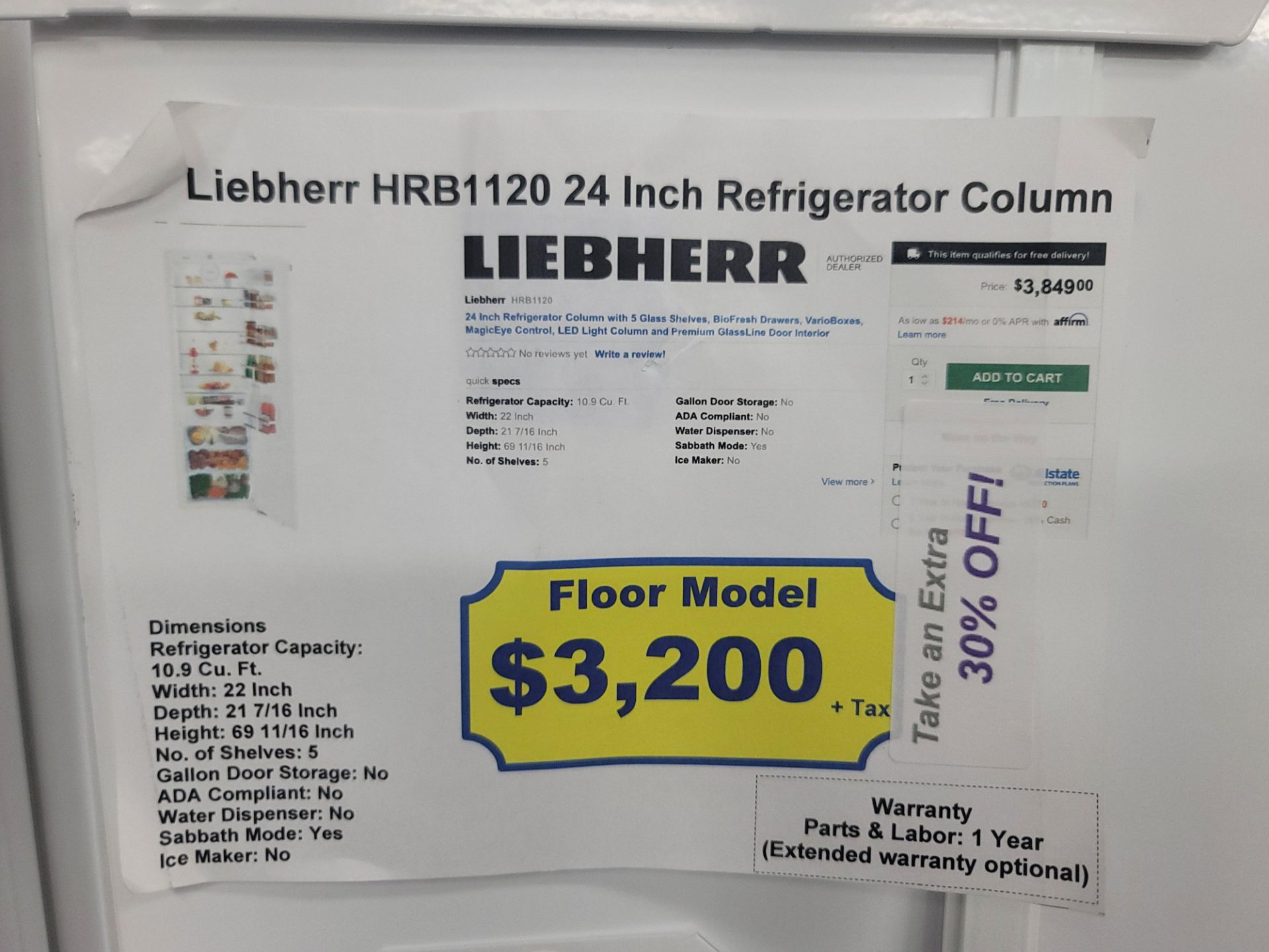 LIEBHERR 24" REFRIGERATOR COLUMN W/ 10.9 CU. FT. CAPACITY, MODEL HRB1120, (NOTE: WE DO NOT HAVE - Image 3 of 3