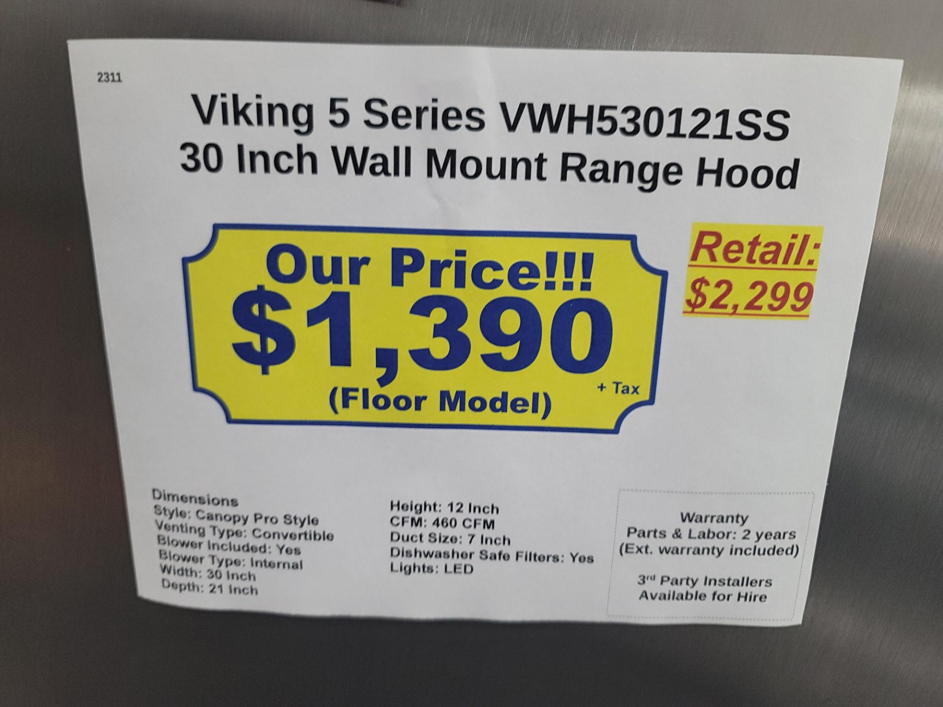 VIKING 5 SERIES 30" WALL MOUNT RANGE HOOD, MODEL VWH530121SS - Image 3 of 3