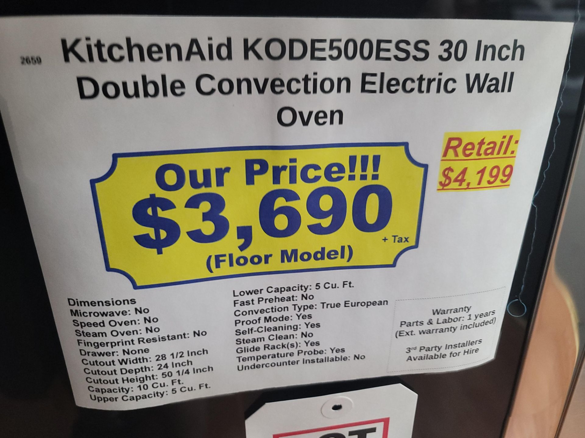 KITCHENAID 30" DOUBLE CONVECTION ELECTRIC WALL OVEN IN STAINLESS STEEL, 5.0 CU. FT. UPPER CAPACITY / - Image 4 of 4