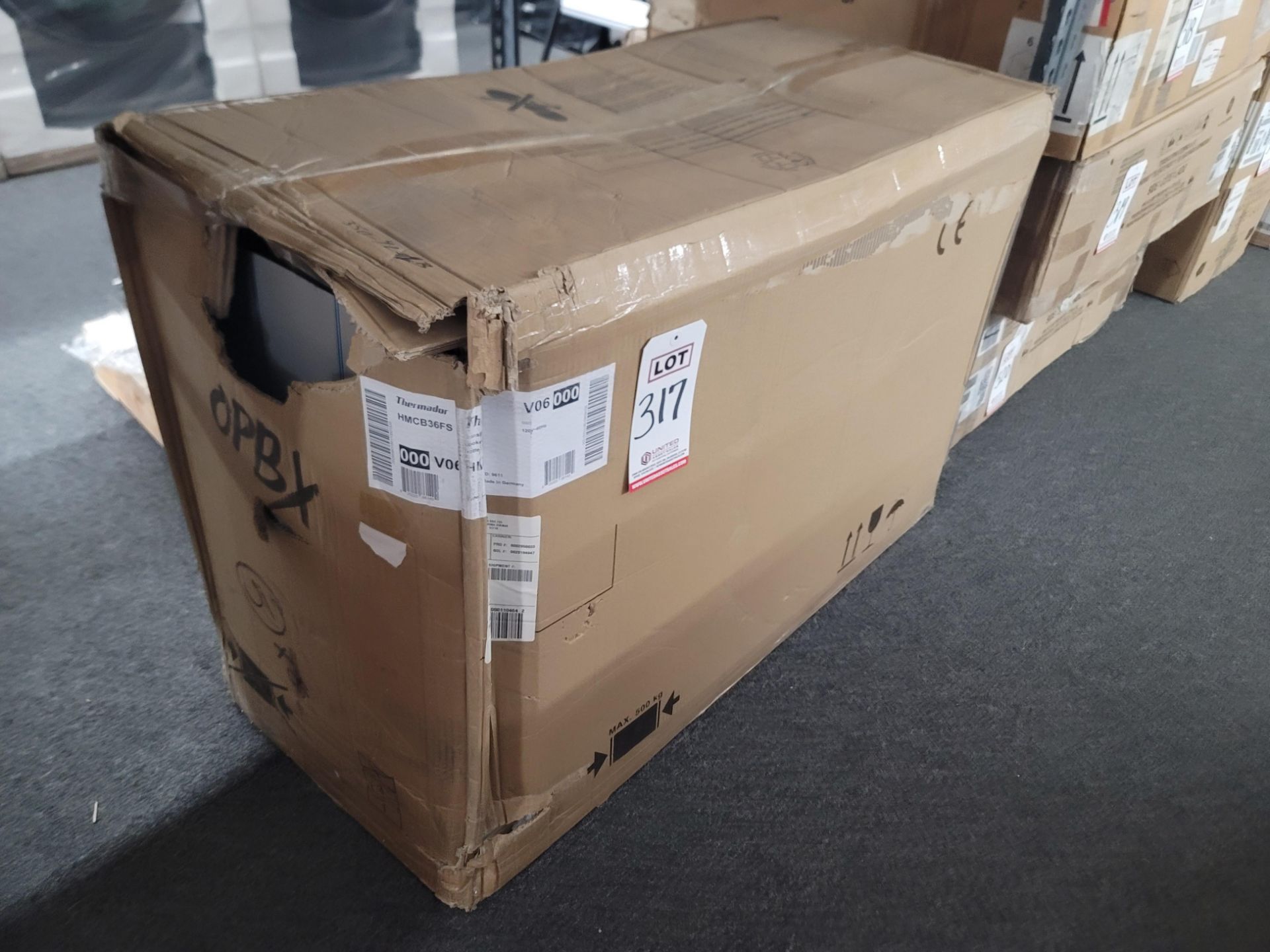 THERMADOR 36" WALL MOUNT CHIMNEY RANGE HOOD, MODEL HMCB36FS, IN ORIGINAL CARTON