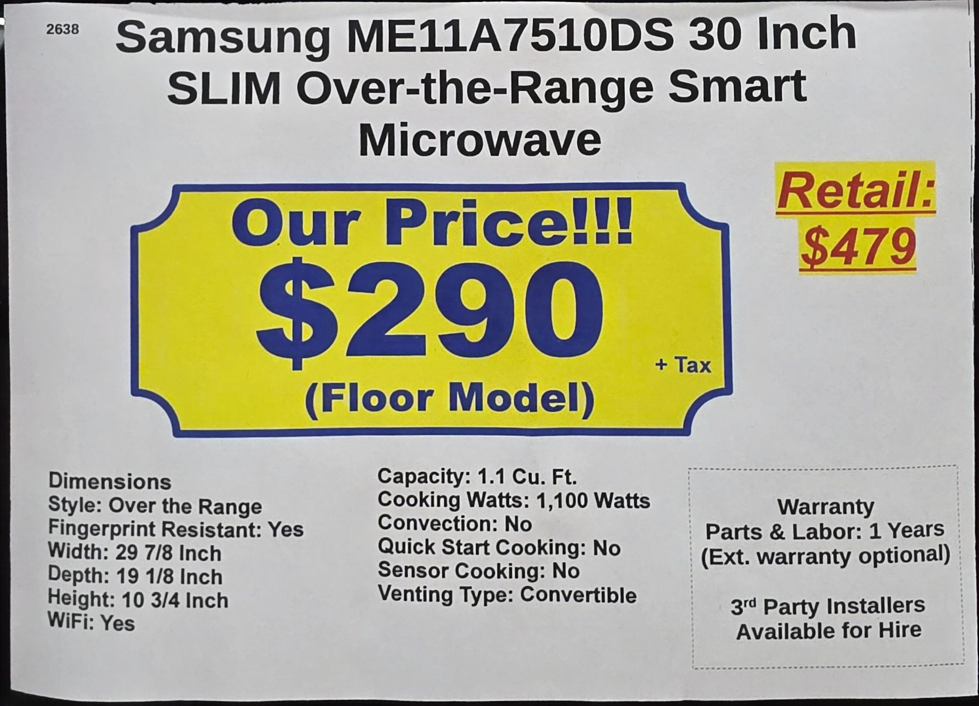 SAMSUNG 30" SLIM OVER-THE-RANGE SMART MICROWAVE OVEN IN STAINLESS STEEL, 1.1 CU. FT. CAPACITY, MODEL - Image 4 of 4