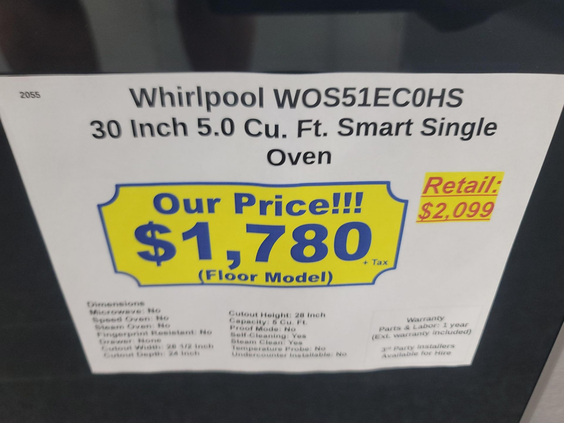 WHIRLPOOL 30" SINGLE SMART OVEN W/ 5.0 CU. FT. CAPACITY IN STAINLESS STEEL, MODEL WOS51EC0HS - Image 4 of 4