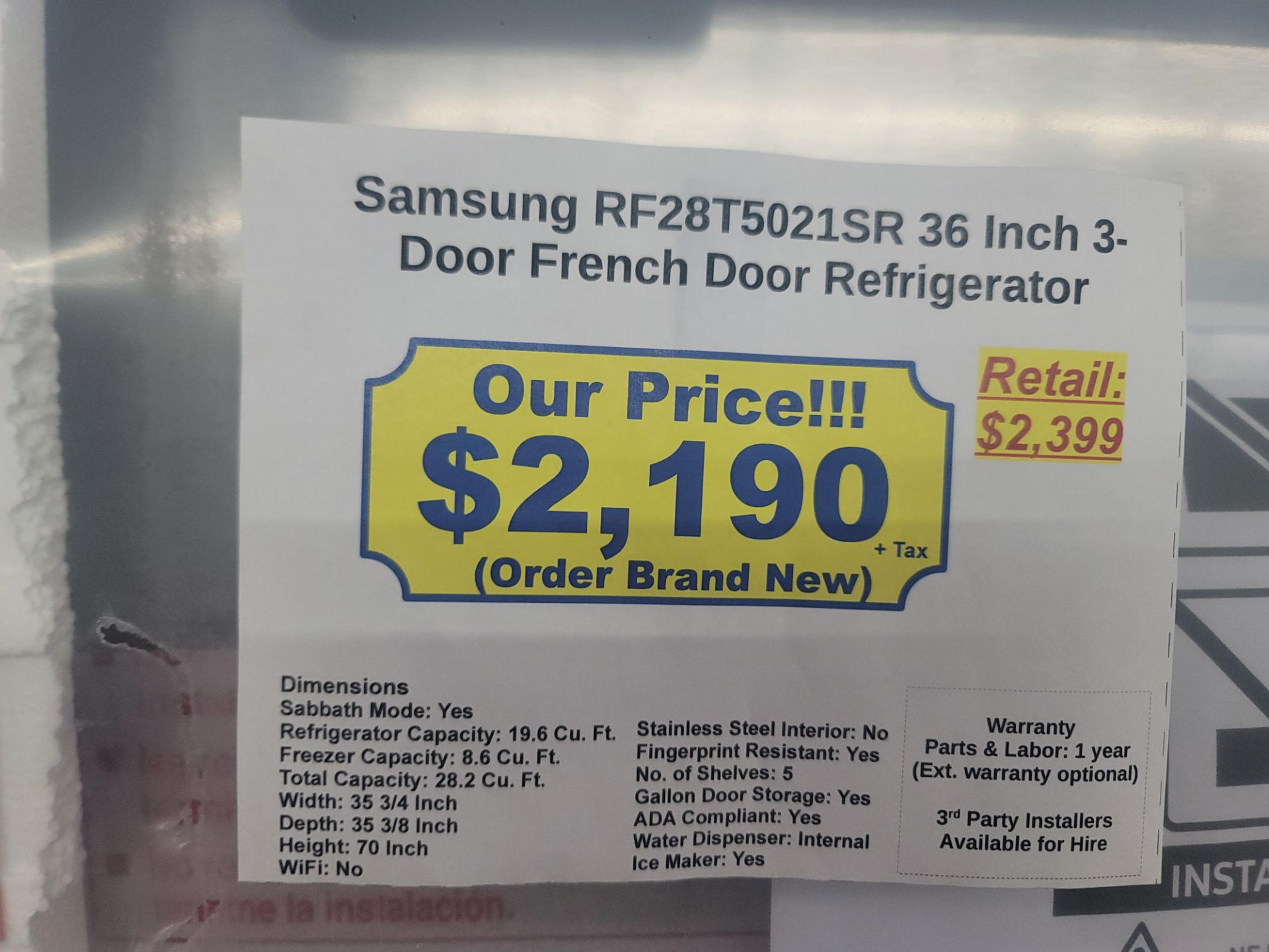 SAMSUNG 36" 3-DOOR FRENCH DOOR 19.6 CU. FT. REFRIGERATOR / 8.6 CU. FT. FREEZER / 28.2 CU. FT. - Image 2 of 2