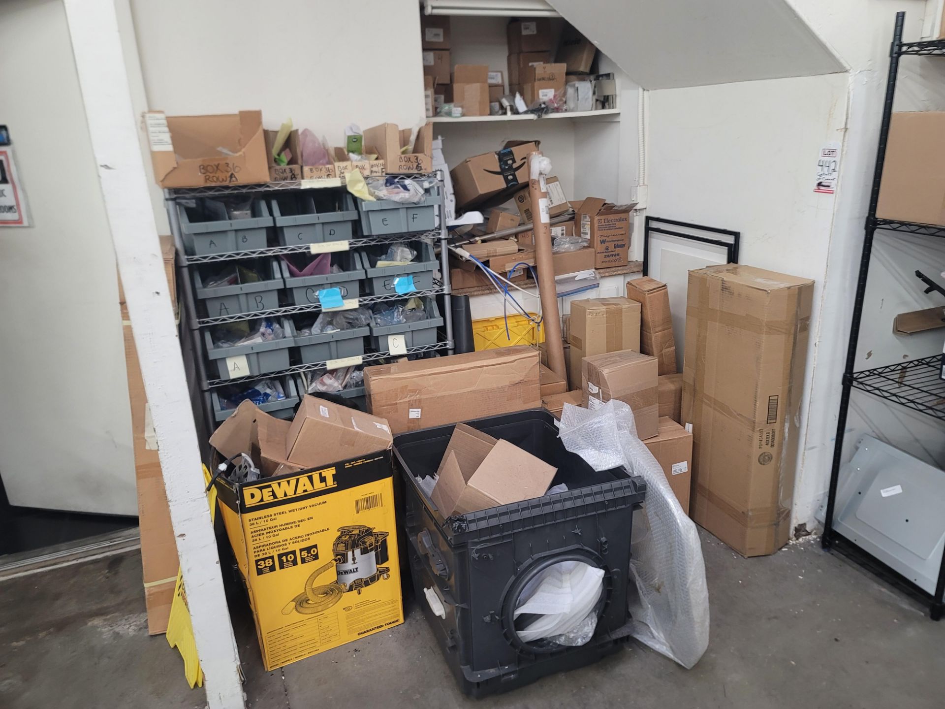 LOT - CONTENTS OF CORNER UNDER STAIRS, TO INCLUDE SHELF UNIT AND ALL APPLIANCE REPLACEMENT PARTS