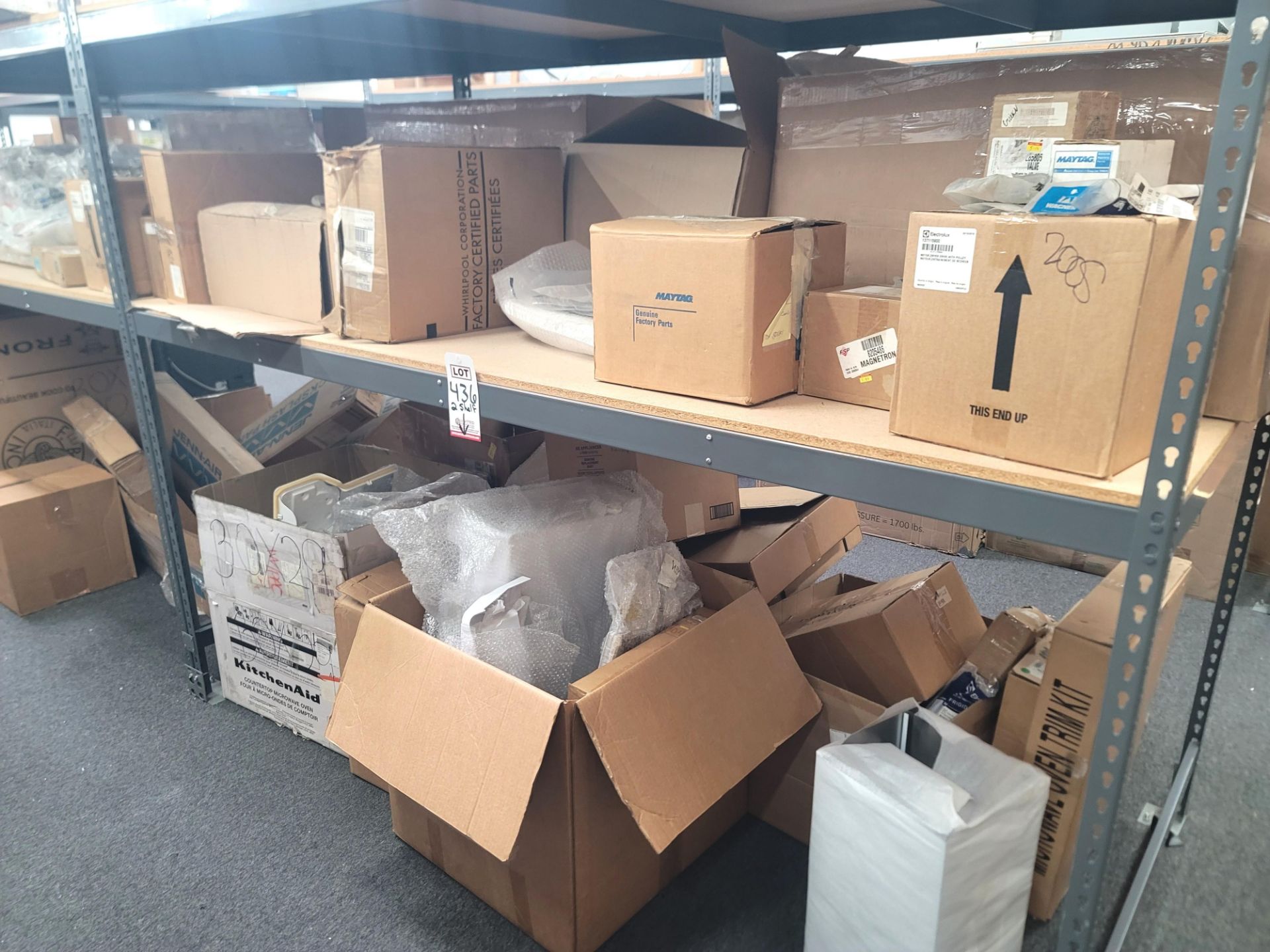 LOT - CONTENTS OF (2) 8' X 4' SHELVES, TO INCLUDE LOOSE AND BOXED APPLIANCE REPLACEMENT PARTS