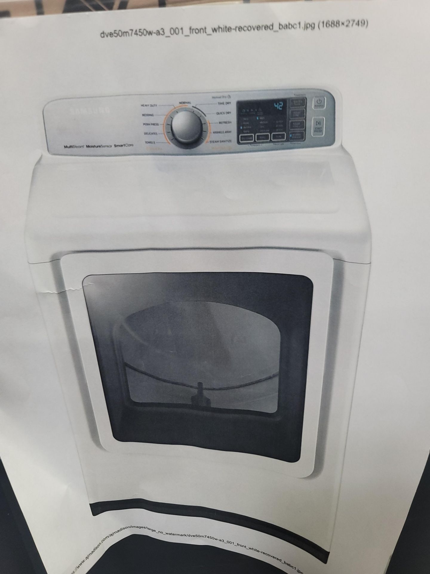 SAMSUNG 27" ELECTRIC DRYER IN WHITE, 7.4 CU. FT. CAPACITY, MODEL DVE50M7450W, IN ORIGINAL PACKAGING - Image 2 of 3