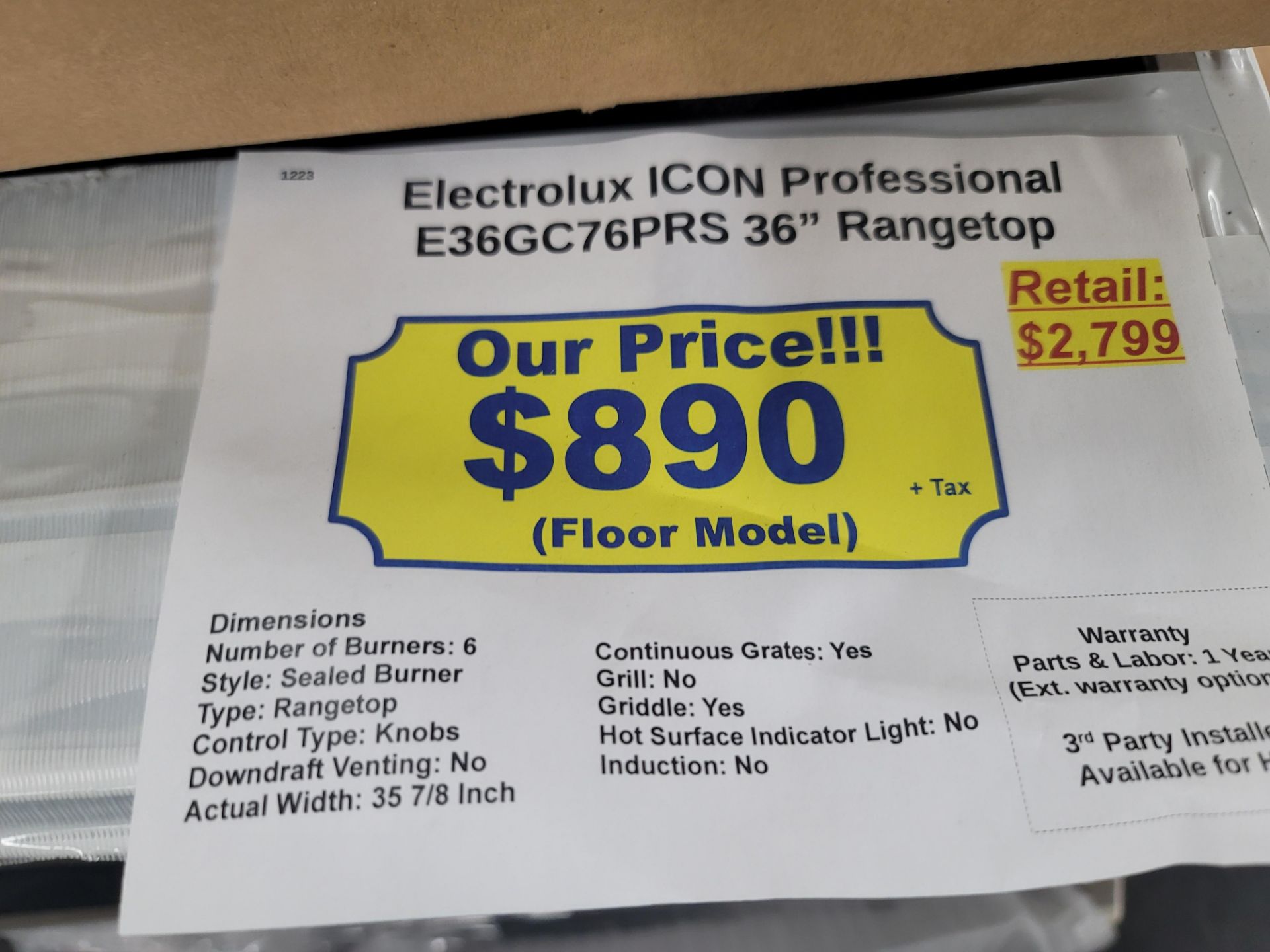 ELECTROLUX ICON PROFESSIONAL 36" GAS RANGETOP W/ (6) BURNERS IN STAINLESS STEEL, MODEL E36GC76PRS - Image 3 of 3