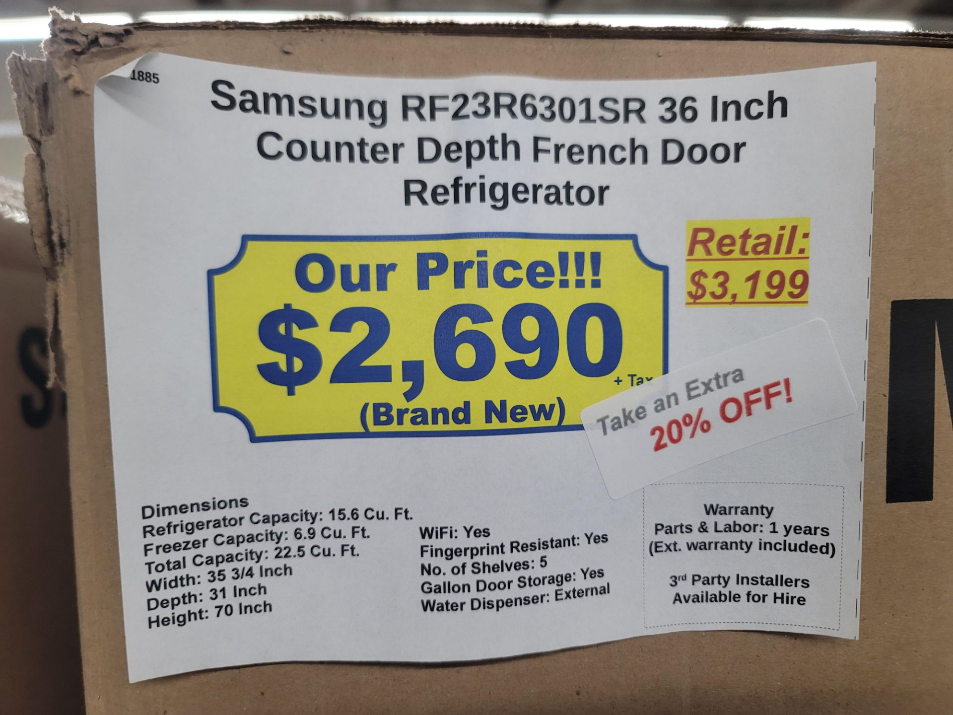 SAMSUNG 36" COUNTER DEPTH FRENCH DOOR 15.6 CU. FT. REFRIGERATOR / 6.9 CU. FT. FREEZER / 22.5 CU. FT. - Image 3 of 3