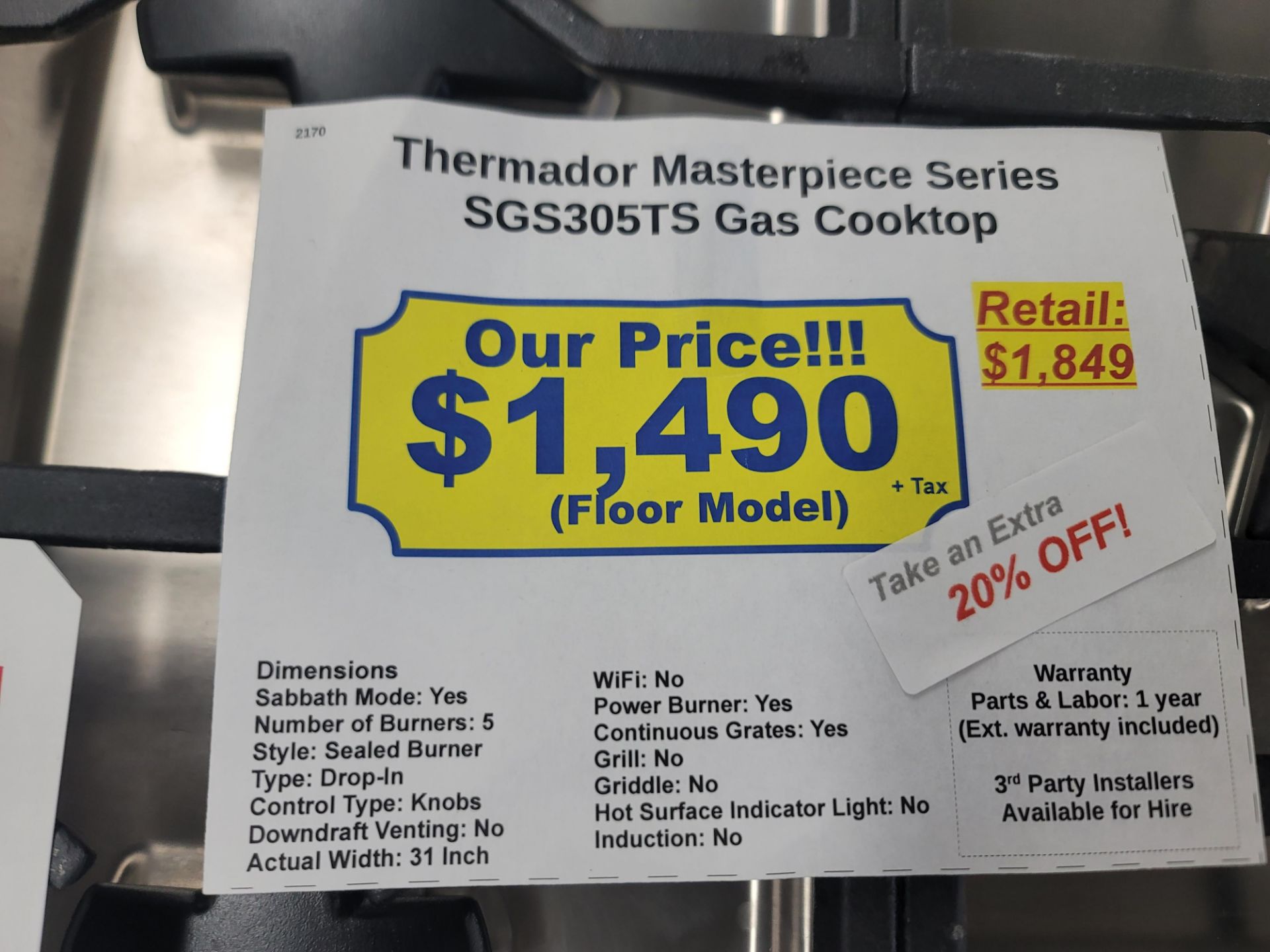 THERMADOR MASTERPIECE SERIES 30" GAS COOKTOP W/ (5) STAR BURNERS IN STAINLESS STEEL, MODEL SGS305TS - Image 3 of 3