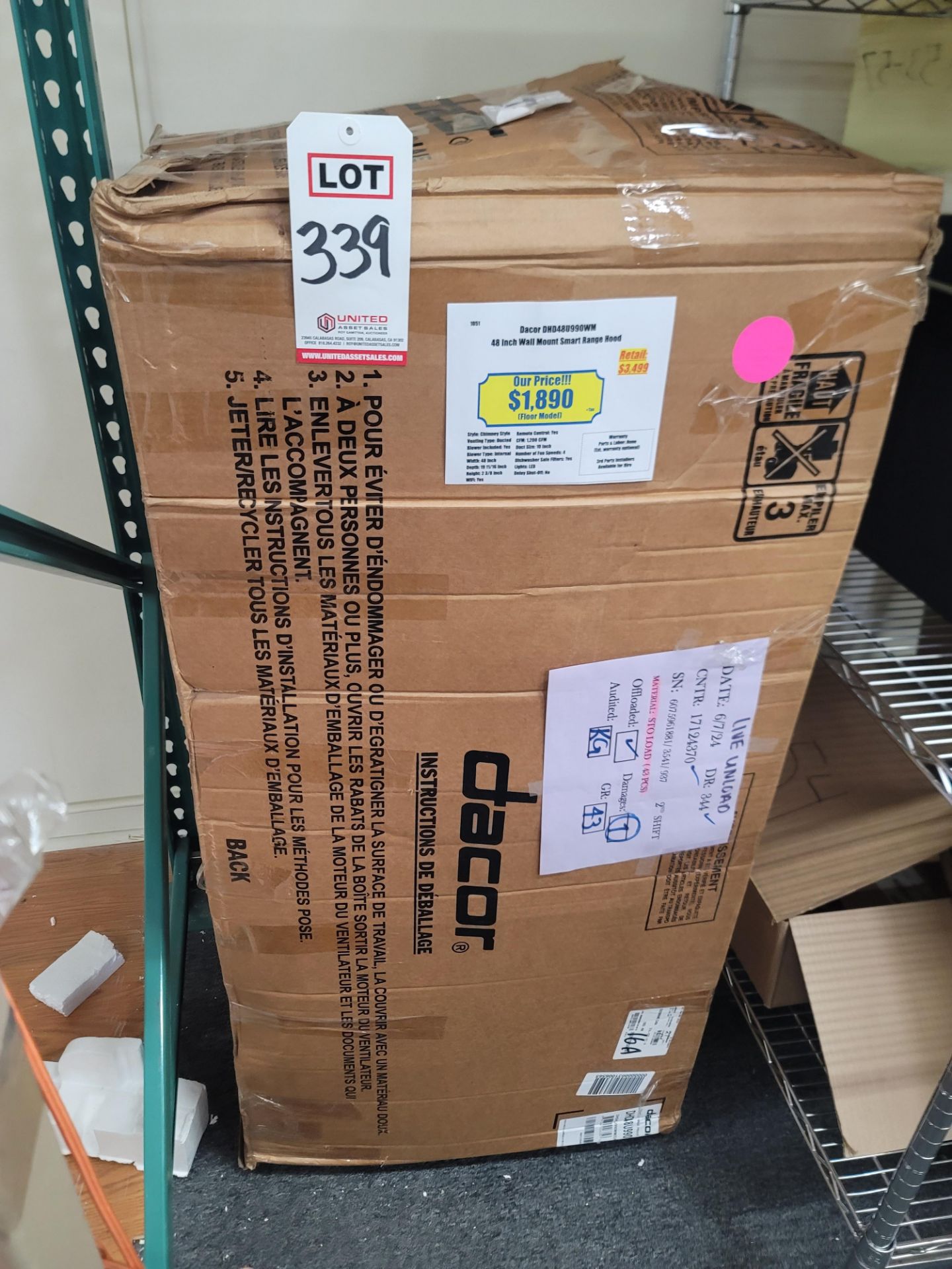 DACOR 48" WALL MOUNT SMART RANGE HOOD, MODEL DHD48U990WM