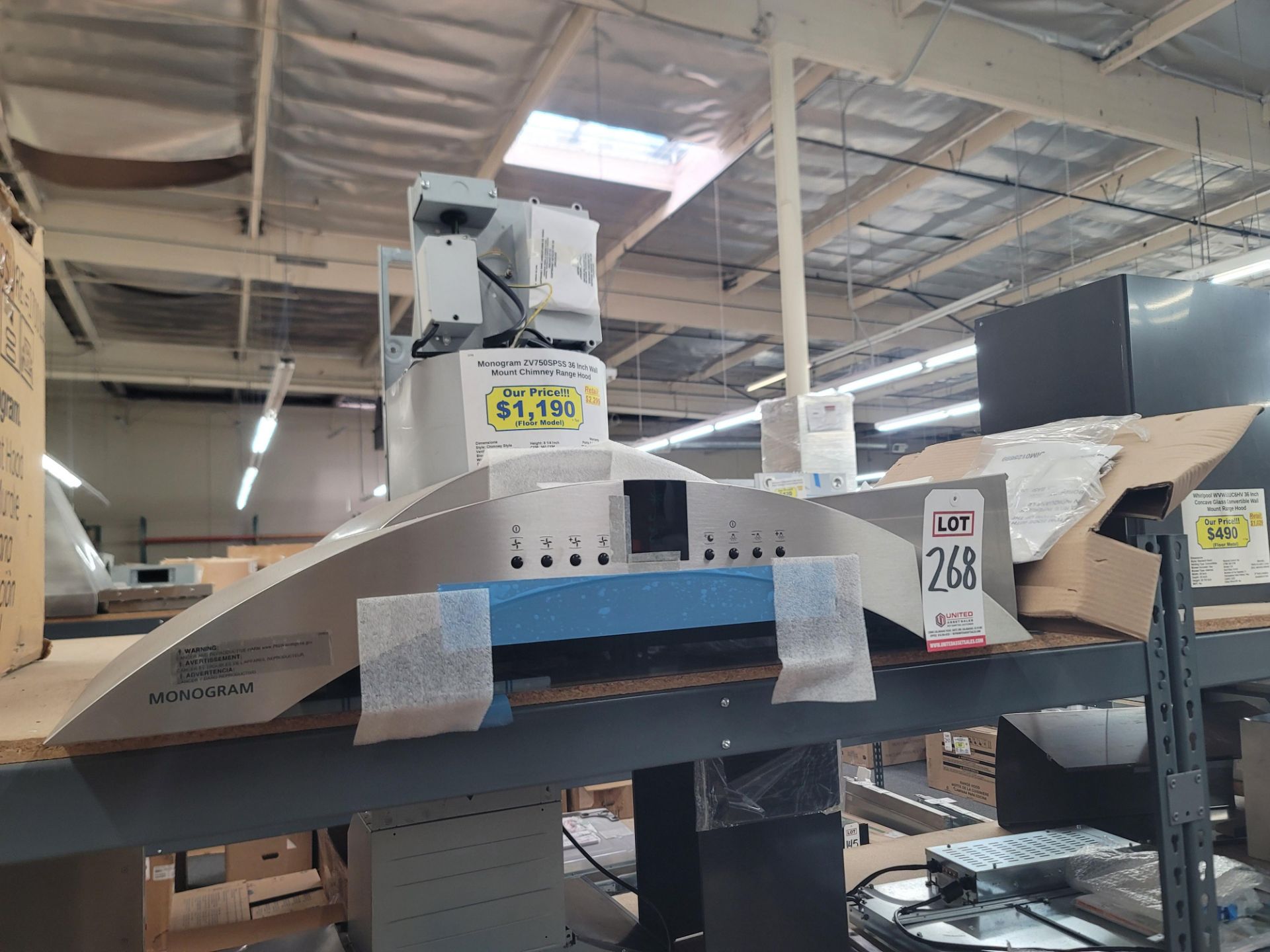 MONOGRAM 36" WALL MOUNT CHIMNEY RANGE HOOD, MODEL ZV750SPSS, COMES W/ ORIGINAL CARTON