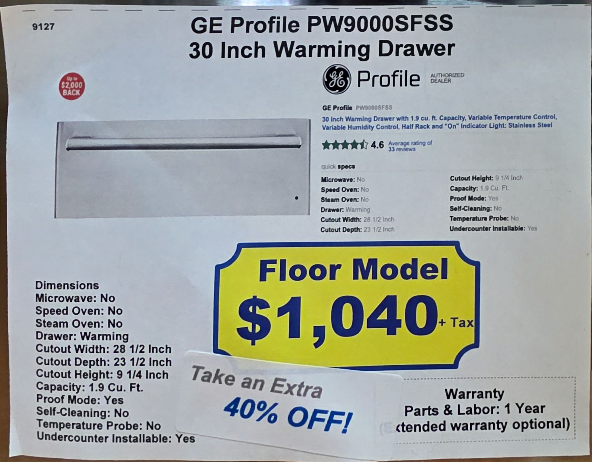 GE PROFILE 30" WARMING DRAWER, MODEL PW9000SFSS - Image 2 of 2