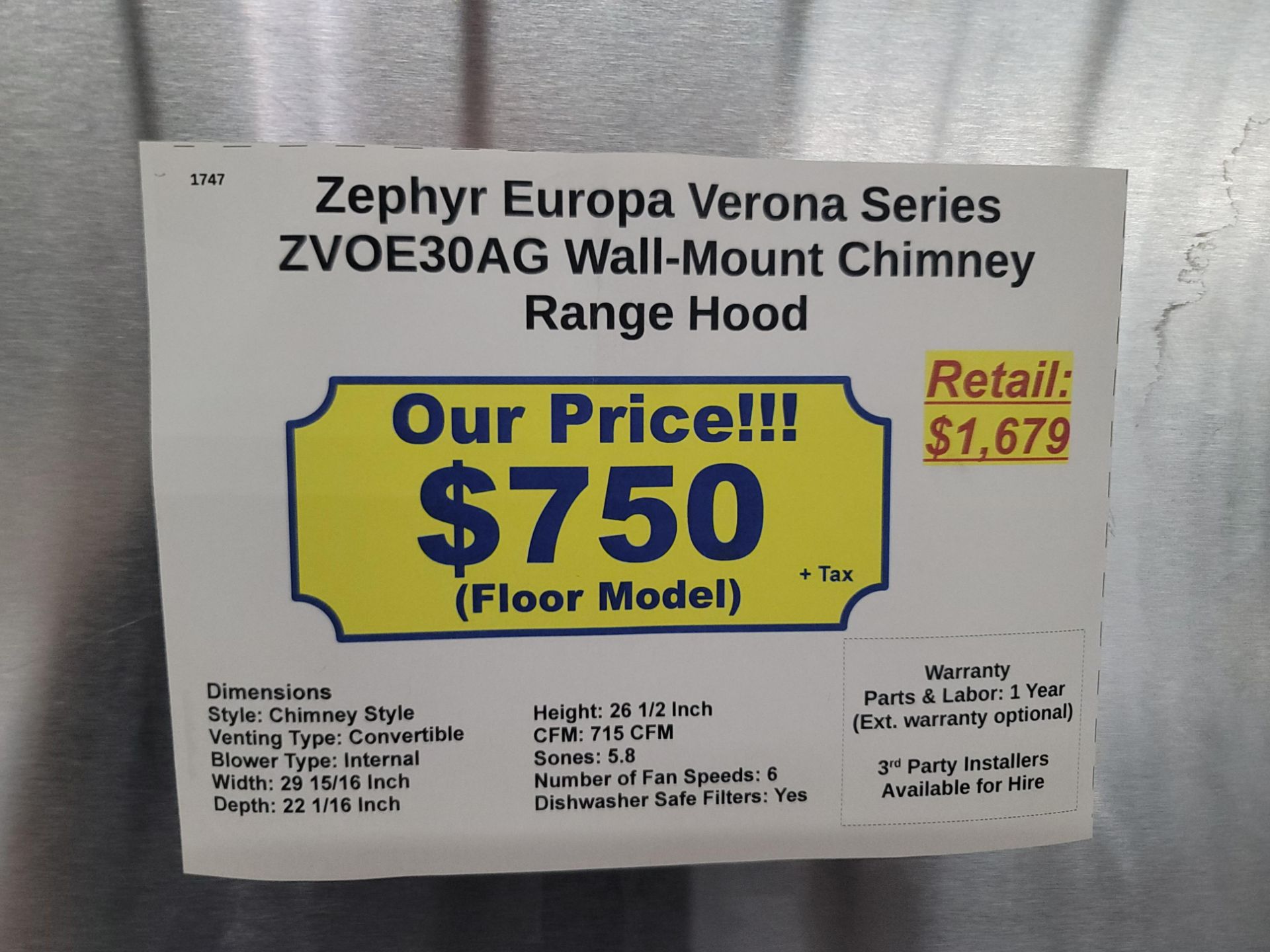 ZEPHYR EUROPA VERONA SERIES 30" WALL MOUNT CHIMNEY RANGE HOOD, MODEL ZVOE30AG - Image 2 of 2