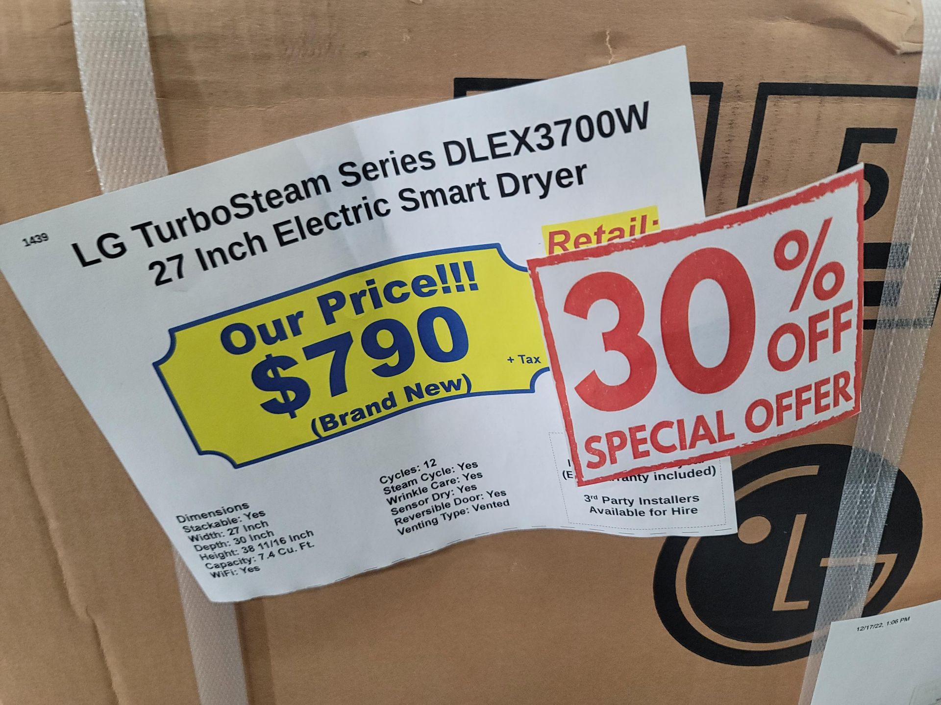 LG TURBOSTEAM SERIES 27" ELECTRIC SMART DRYER IN WHITE, 7.4 CU. FT. CAPACITY, STACKABLE, MODEL - Image 3 of 3