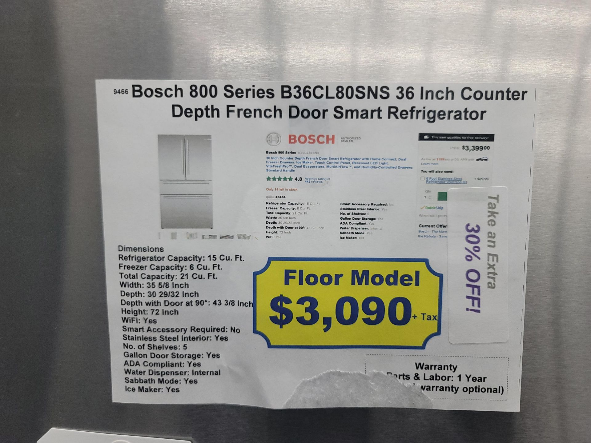 BOSCH 800 SERIES 36" COUNTER DEPTH FRENCH DOOR 15 CU. FT. REFRIGERATOR / 6.0 CU. FT. FREEZER / 21 - Image 6 of 6