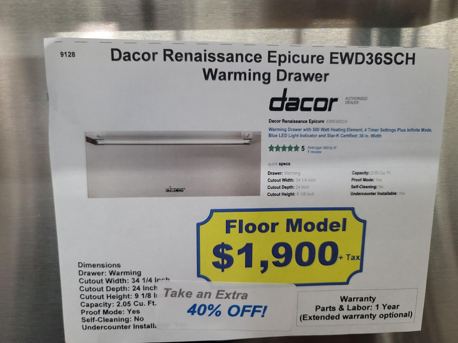 DACOR RENAISSANCE EPICURE 36" WARMING DRAWER, MODEL EWD36SCH - Image 2 of 2