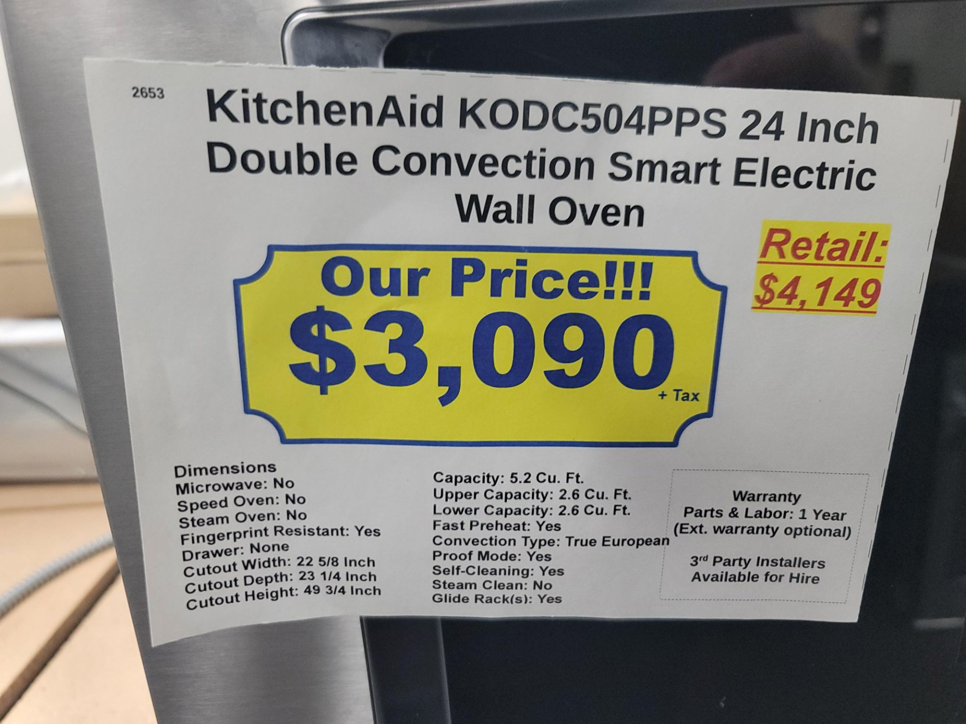 KITCHENAID 24" SINGLE CONVECTION SMART ELECTRIC WALL OVEN W/ 2.6 CU. FT. CAPACITY IN STAINLESS - Image 3 of 3