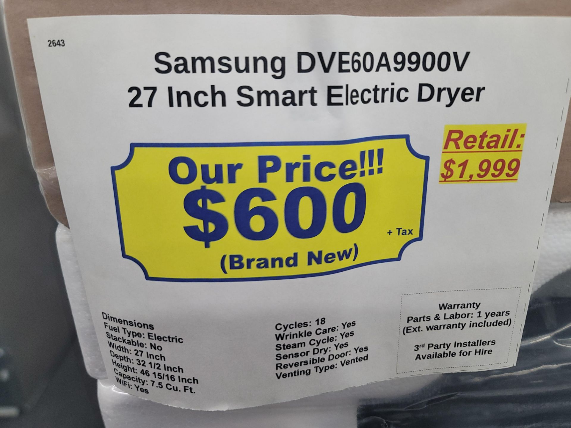 SAMSUNG 27" SMART ELECTRIC DRYER IN BLACK, 7.5 CU. FT. CAPACITY, MODEL DVE60A9900V, IN FACTORY - Image 2 of 2