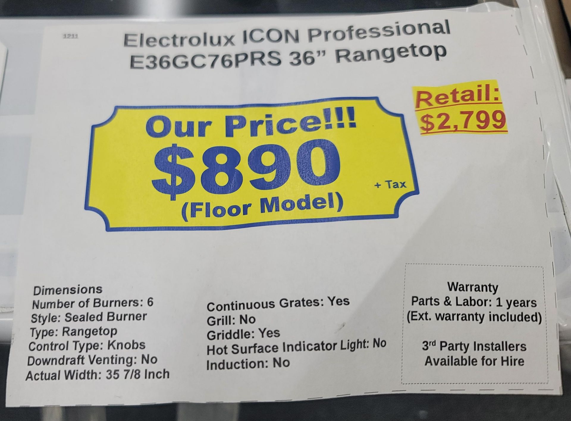 ELECTROLUX ICON PROFESSIONAL 36" GAS RANGETOP W/ (6) BURNERS IN STAINLESS STEEL, MODEL E36GC76PRS - Image 4 of 4