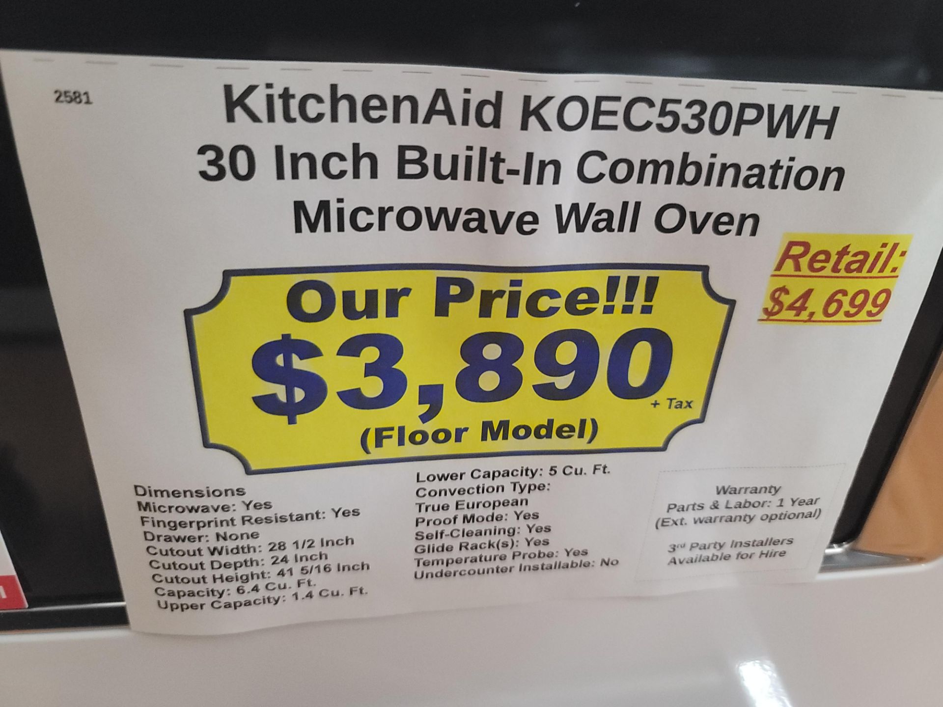 KITCHENAID 30" BUILT-IN COMBINATION MICROWAVE & WALL OVEN IN WHITE AND CHROME, CAPACITY: MICRO 1.4 - Image 4 of 4