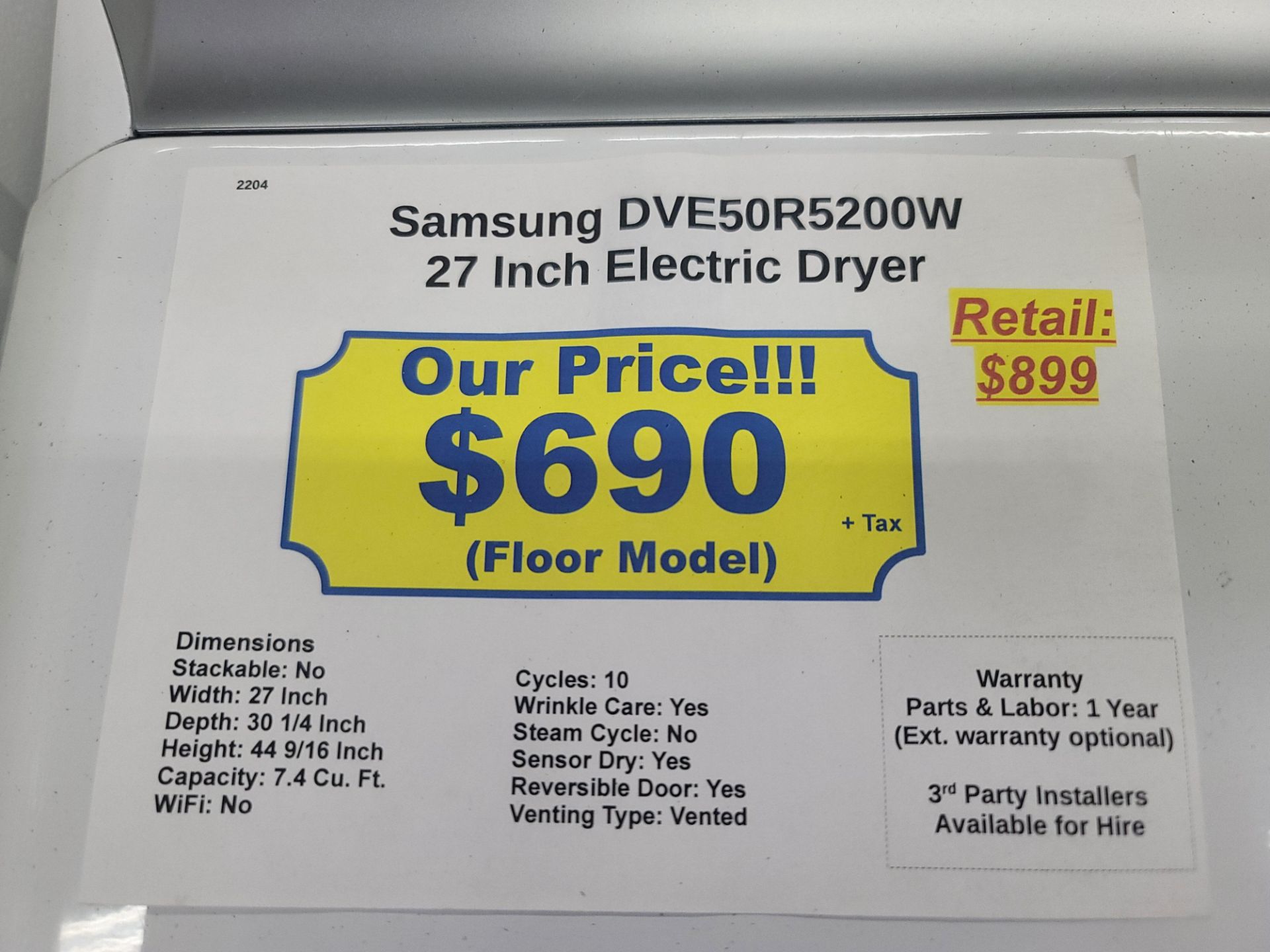 SAMSUNG 27" ELECTRIC DRYER IN WHITE, 7.4 CU. FT. CAPACITY, MODEL DVE50R5200W - Image 3 of 3