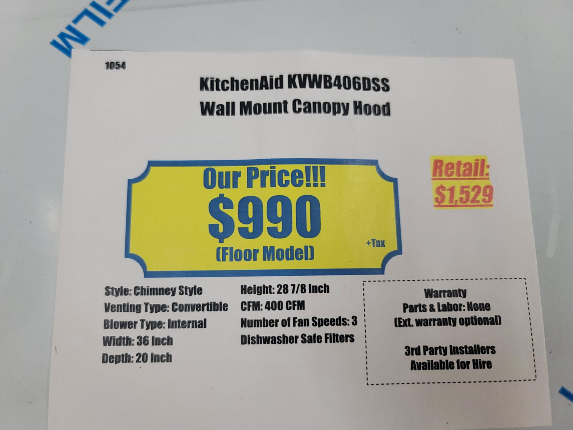 KITCHENAID 36" WALL MOUNT CANOPY HOOD, MODEL KVWB406DSS - Image 2 of 2