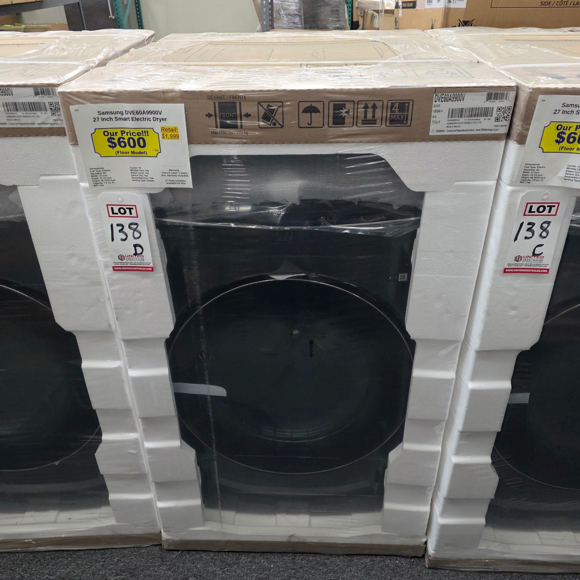 SAMSUNG 27" SMART 7.5 CU. FT. ELECTRIC DRYER IN BLACK, MODEL DVE60A9900V, UNOPENED FACTORY