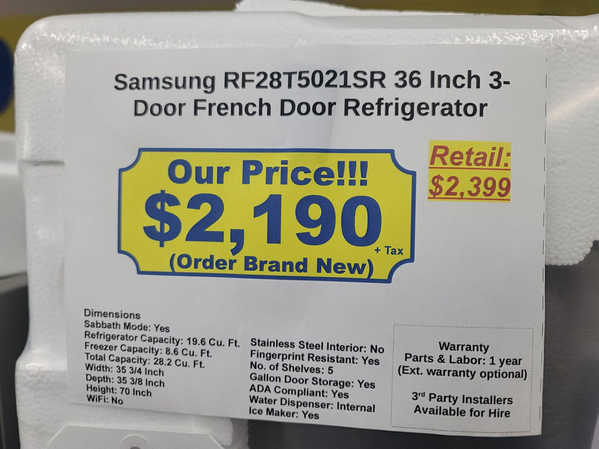 SAMSUNG 36" 3-DOOR FRENCH DOOR 19.6 CU. FT. REFRIGERATOR / 8.6 CU. FT. FREEZER / 28.2 CU. FT. - Image 3 of 3